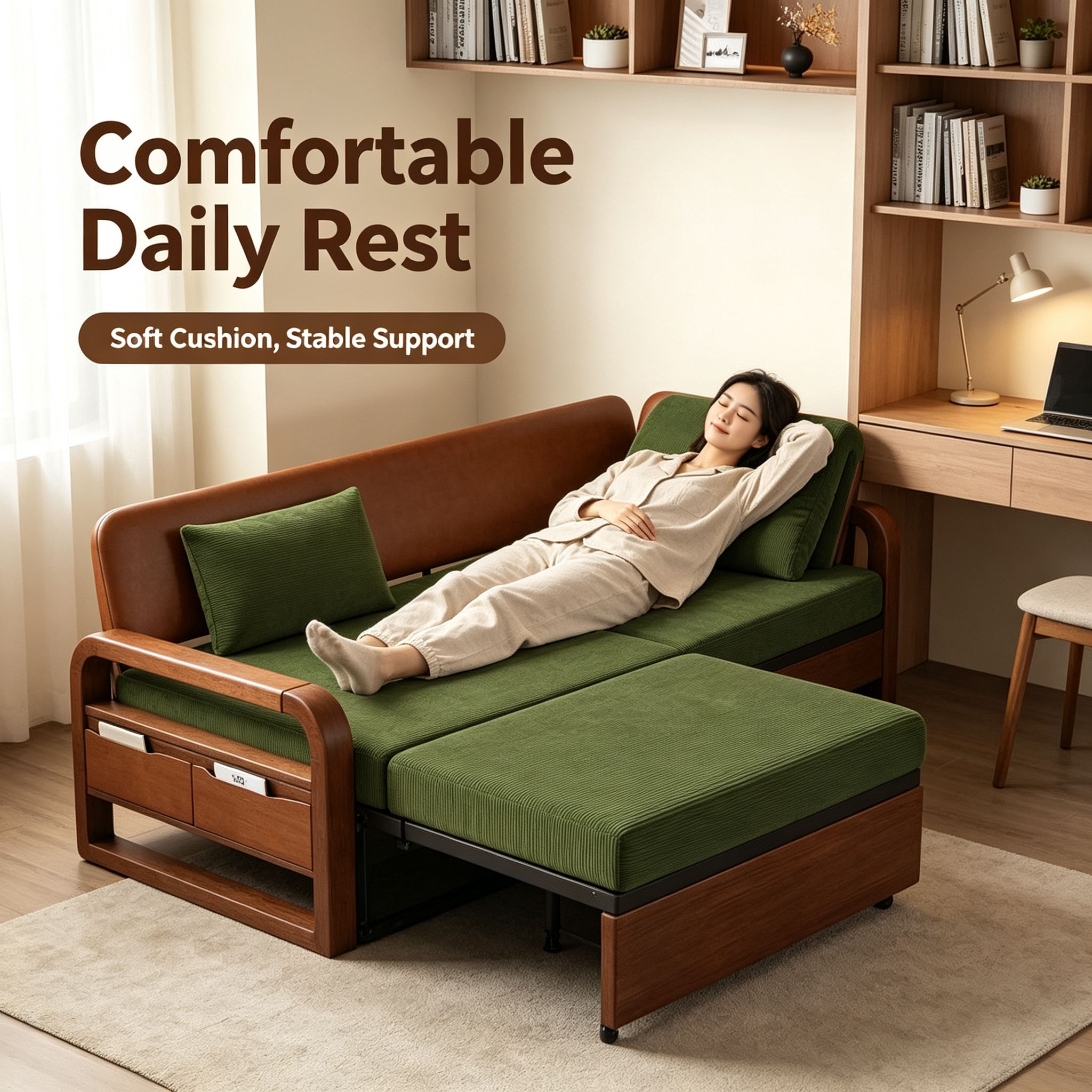 New Chinese Style Folding Telescopic Sofa Bed with Wax Leather & Wooden Frame for Living Room