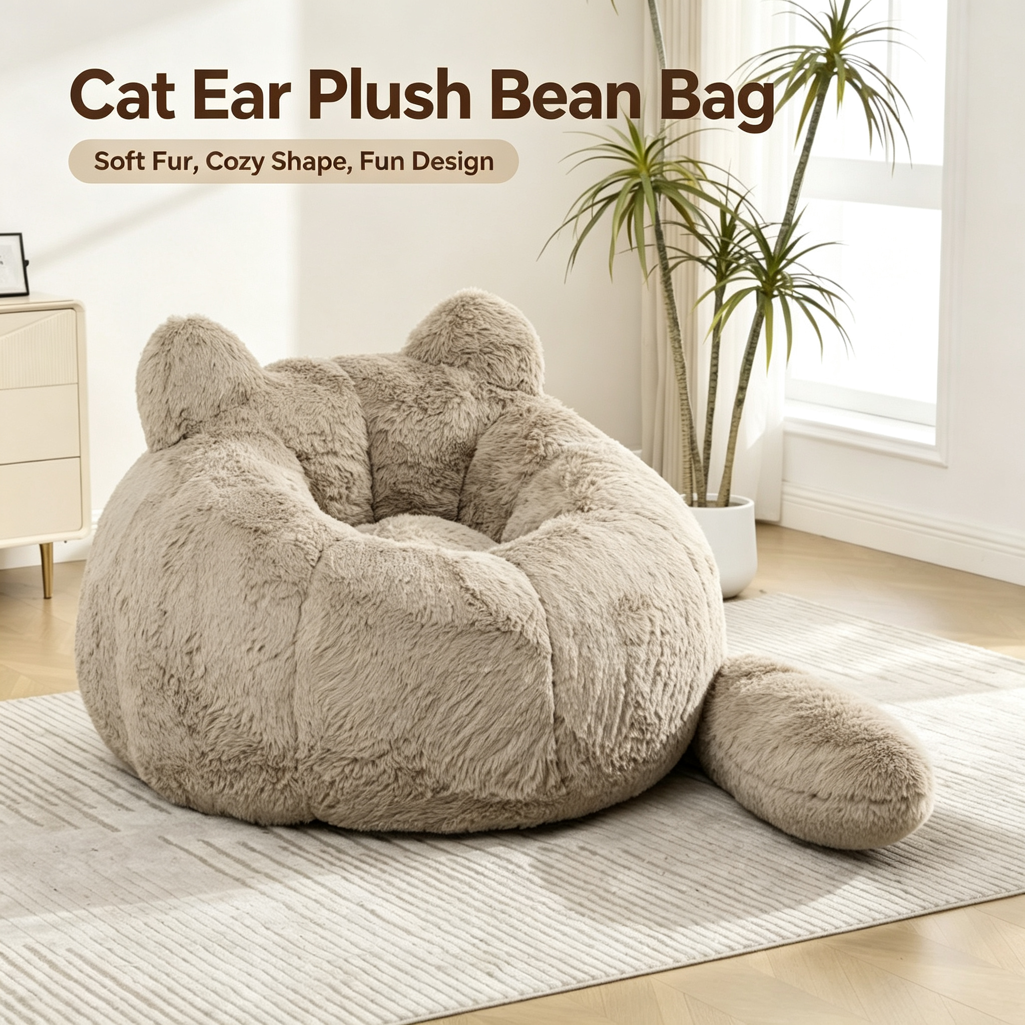 Cat Ear Bean Bag Chair, Detachable Tail, Faux Fur Fabric, Custom Size Available, Cozy Indoor Lounger for Living Room & Bedroom