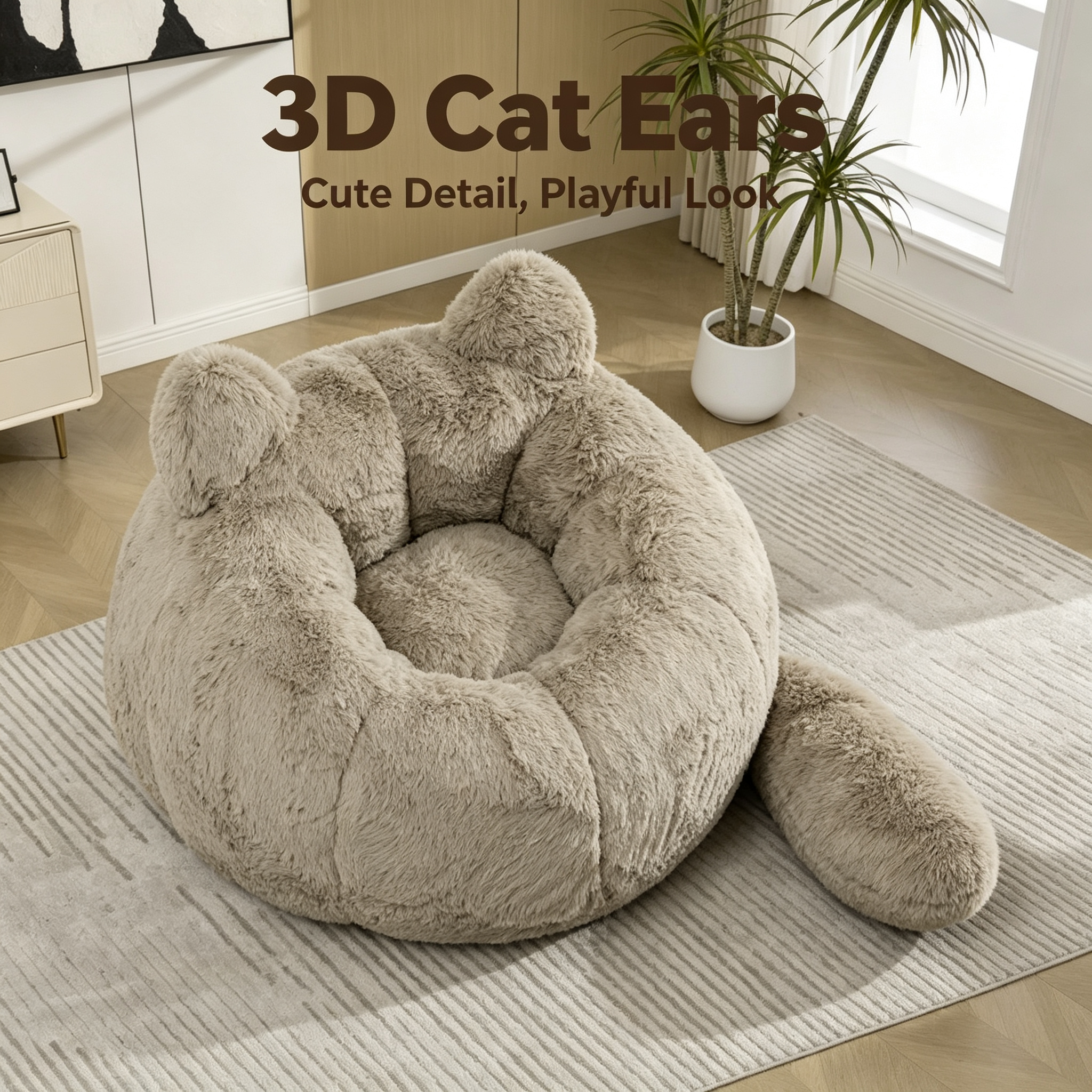 Cat Ear Bean Bag Chair, Detachable Tail, Faux Fur Fabric, Custom Size Available, Cozy Indoor Lounger for Living Room & Bedroom