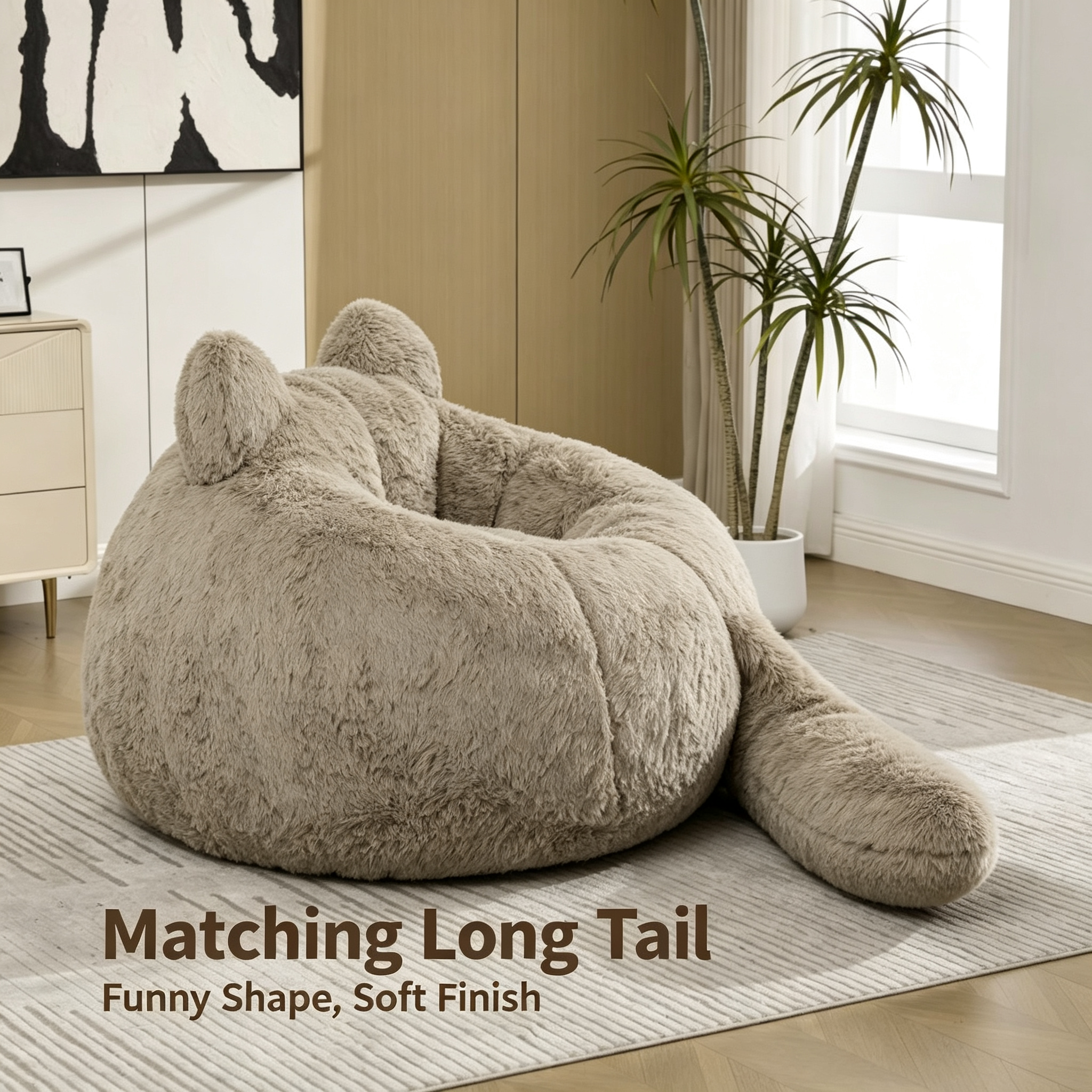Cat Ear Bean Bag Chair, Detachable Tail, Faux Fur Fabric, Custom Size Available, Cozy Indoor Lounger for Living Room & Bedroom