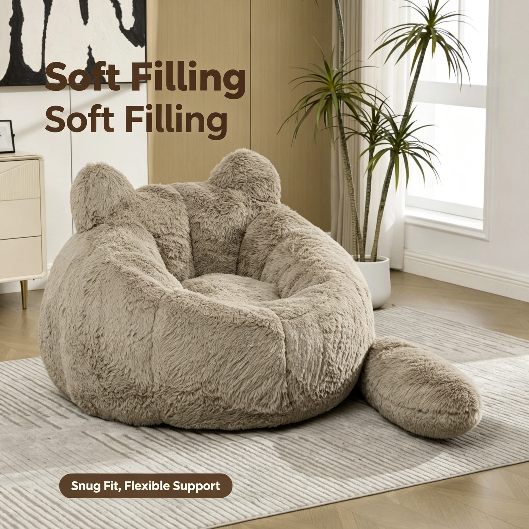 Cat Ear Bean Bag Chair, Detachable Tail, Faux Fur Fabric, Custom Size Available, Cozy Indoor Lounger for Living Room & Bedroom