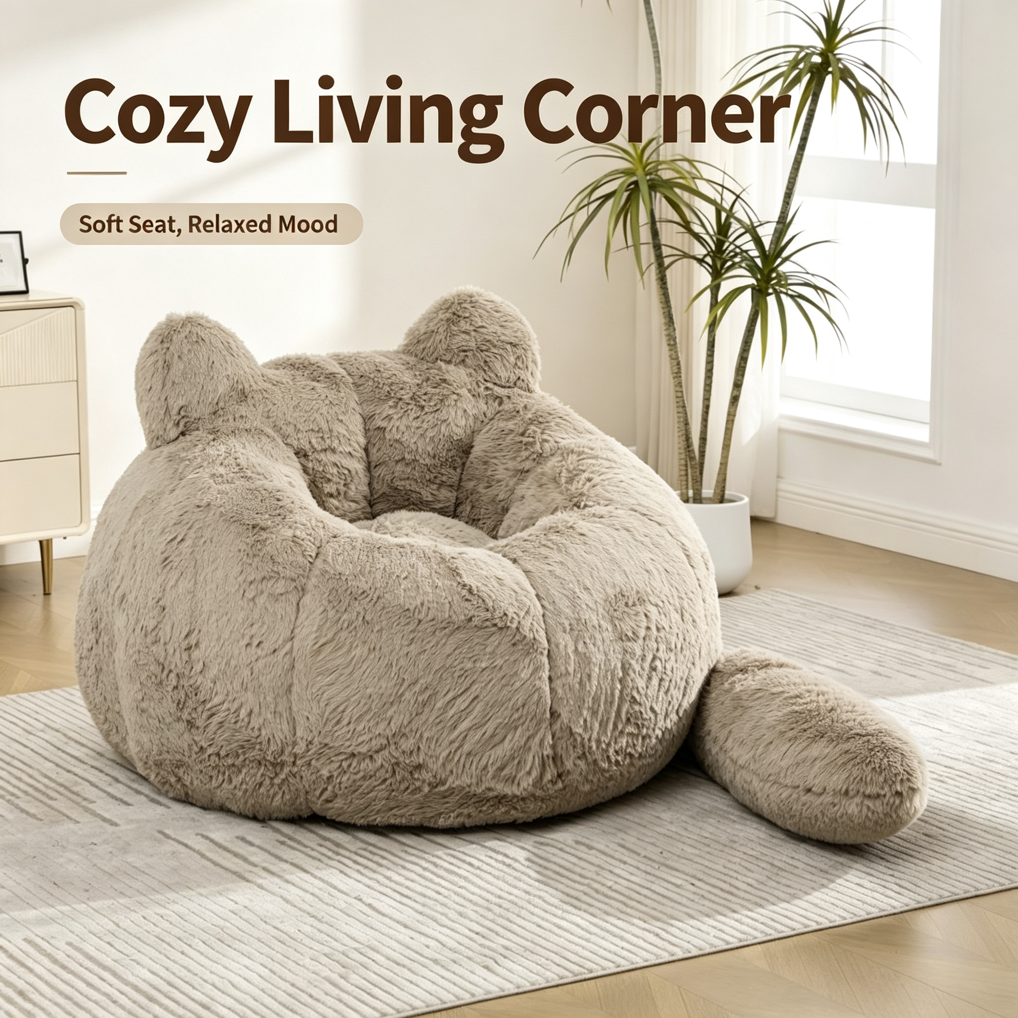 Cat Ear Bean Bag Chair, Detachable Tail, Faux Fur Fabric, Custom Size Available, Cozy Indoor Lounger for Living Room & Bedroom