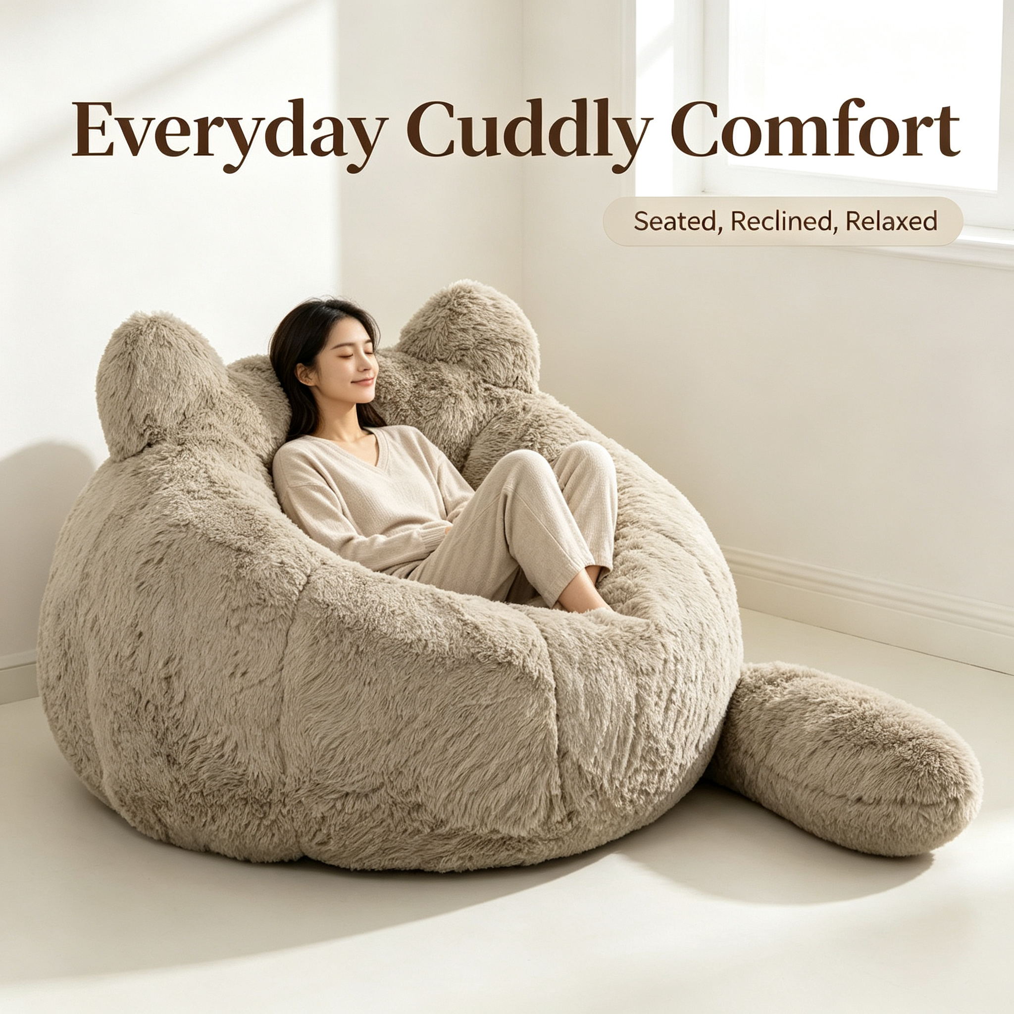 Cat Ear Bean Bag Chair, Detachable Tail, Faux Fur Fabric, Custom Size Available, Cozy Indoor Lounger for Living Room & Bedroom