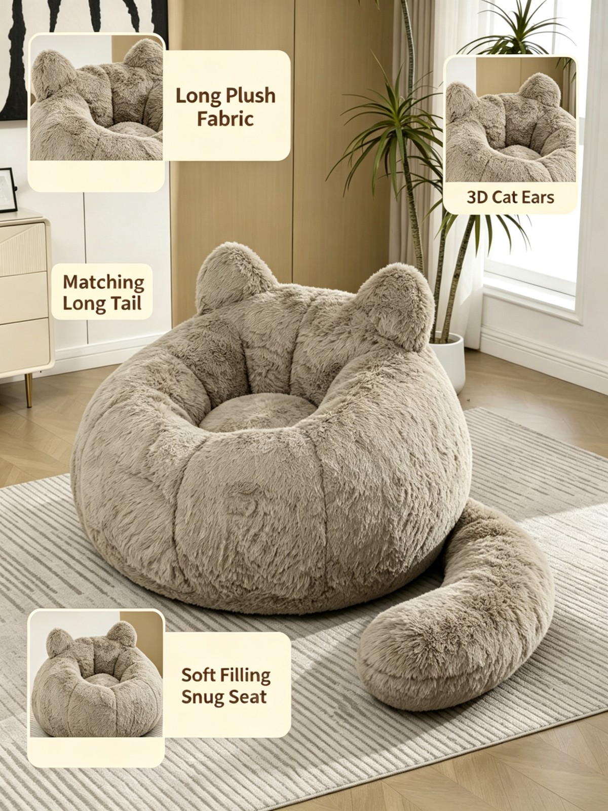 微信图片_20260915164839_185_4 Cat Ear Bean Bag Chair, Detachable Tail, Faux Fur Fabric, Custom Size Available, Cozy Indoor Lounger for Living Room & Bedroom