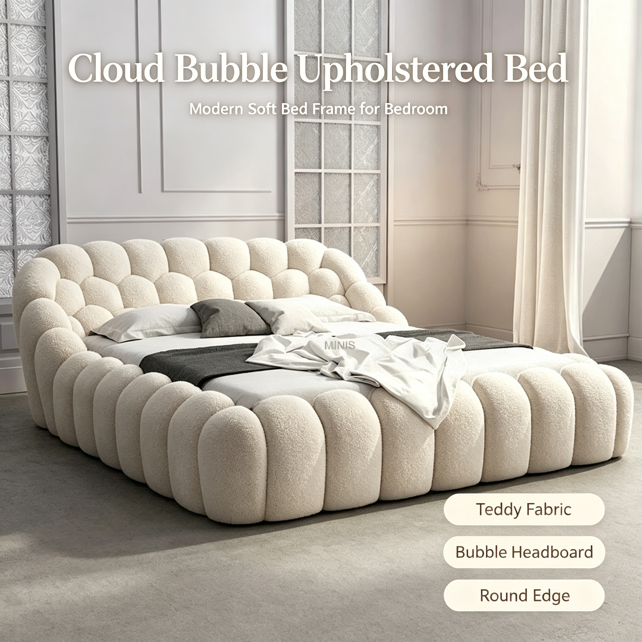 Modern Eco-Friendly Bubble Bed with Durable Wood Frame & Soft White Fabric for Adult & Kids Bedroom