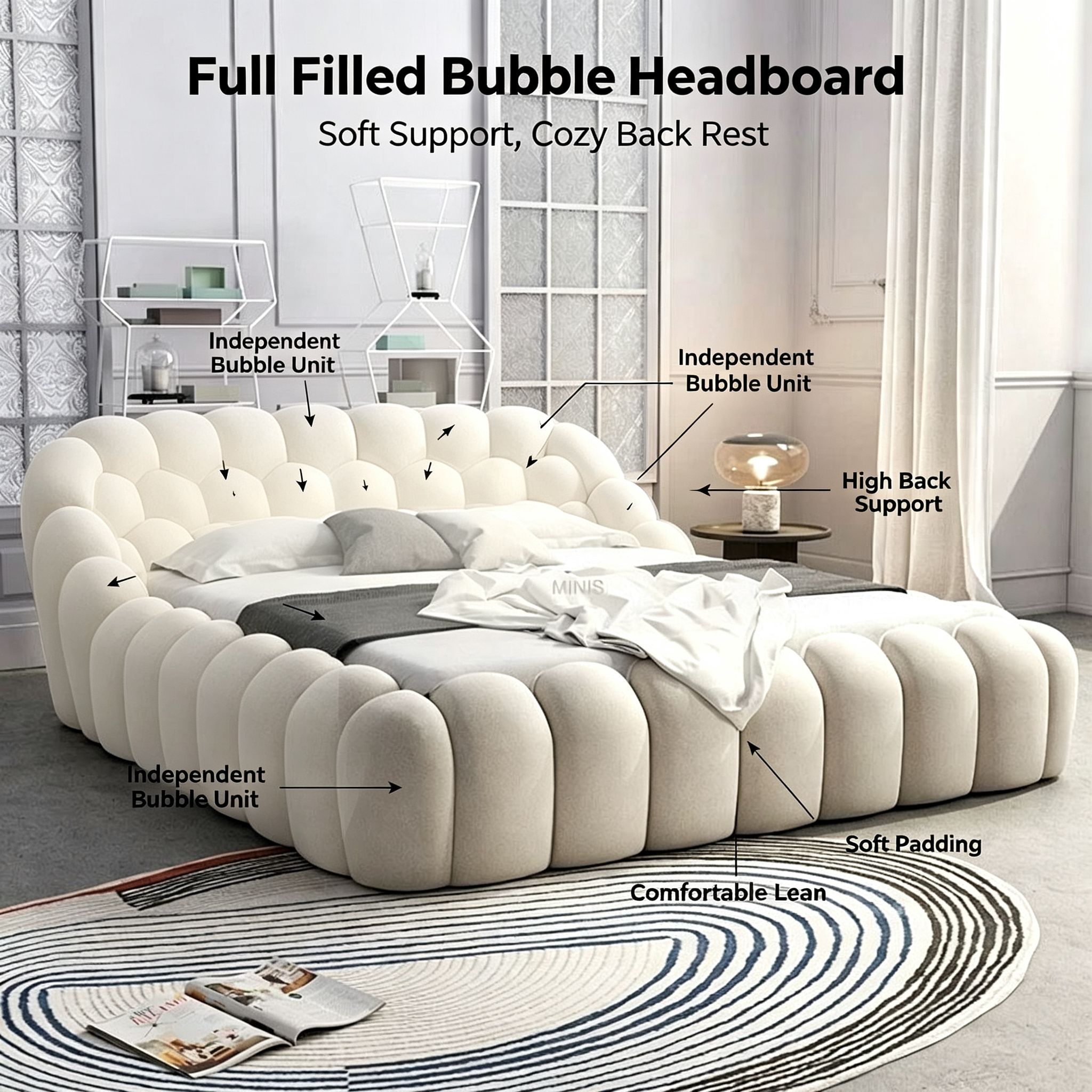 Modern Eco-Friendly Bubble Bed with Durable Wood Frame & Soft White Fabric for Adult & Kids Bedroom
