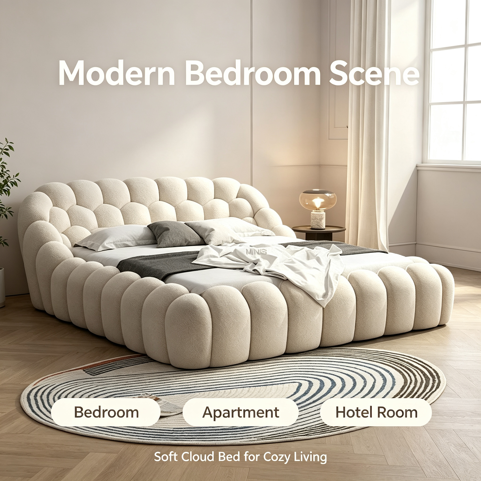 Modern Eco-Friendly Bubble Bed with Durable Wood Frame & Soft White Fabric for Adult & Kids Bedroom