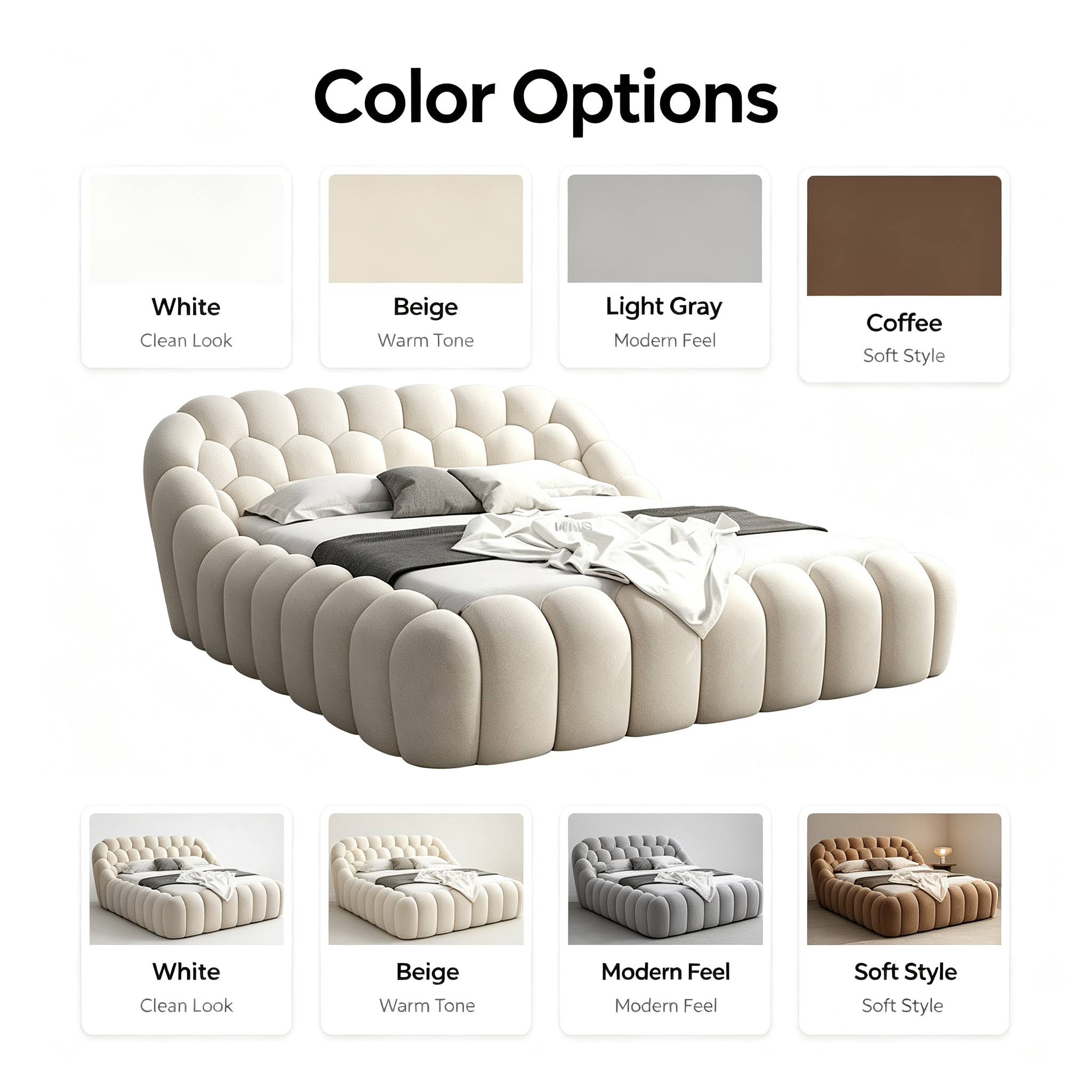Modern Eco-Friendly Bubble Bed with Durable Wood Frame & Soft White Fabric for Adult & Kids Bedroom