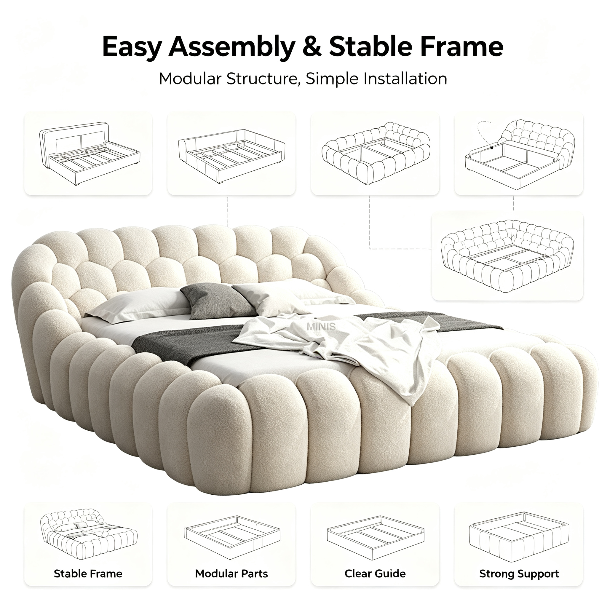 Modern Eco-Friendly Bubble Bed with Durable Wood Frame & Soft White Fabric for Adult & Kids Bedroom