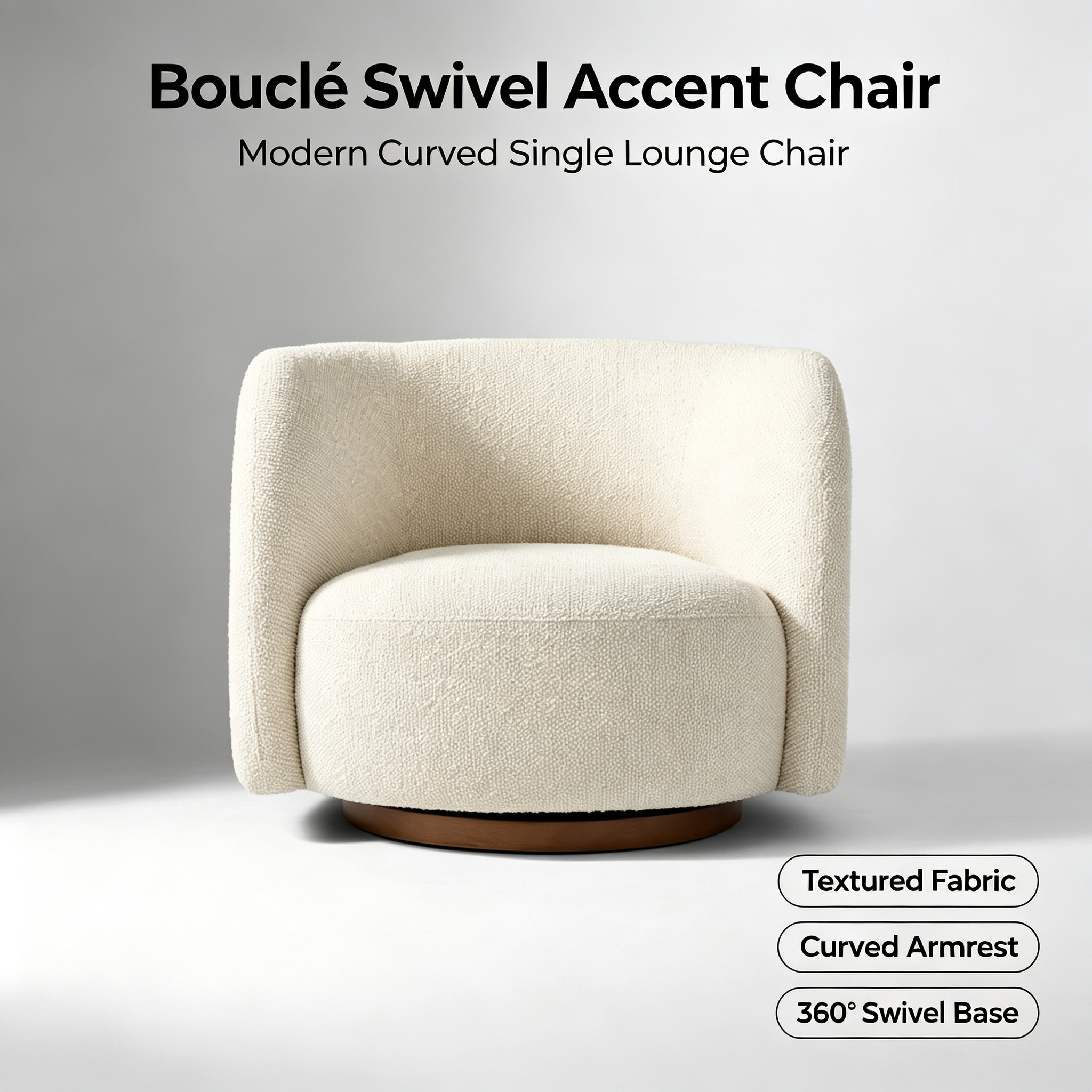 Modern Cream Boucle Swivel Leisure Chair with Solid Wood Base for Living Room