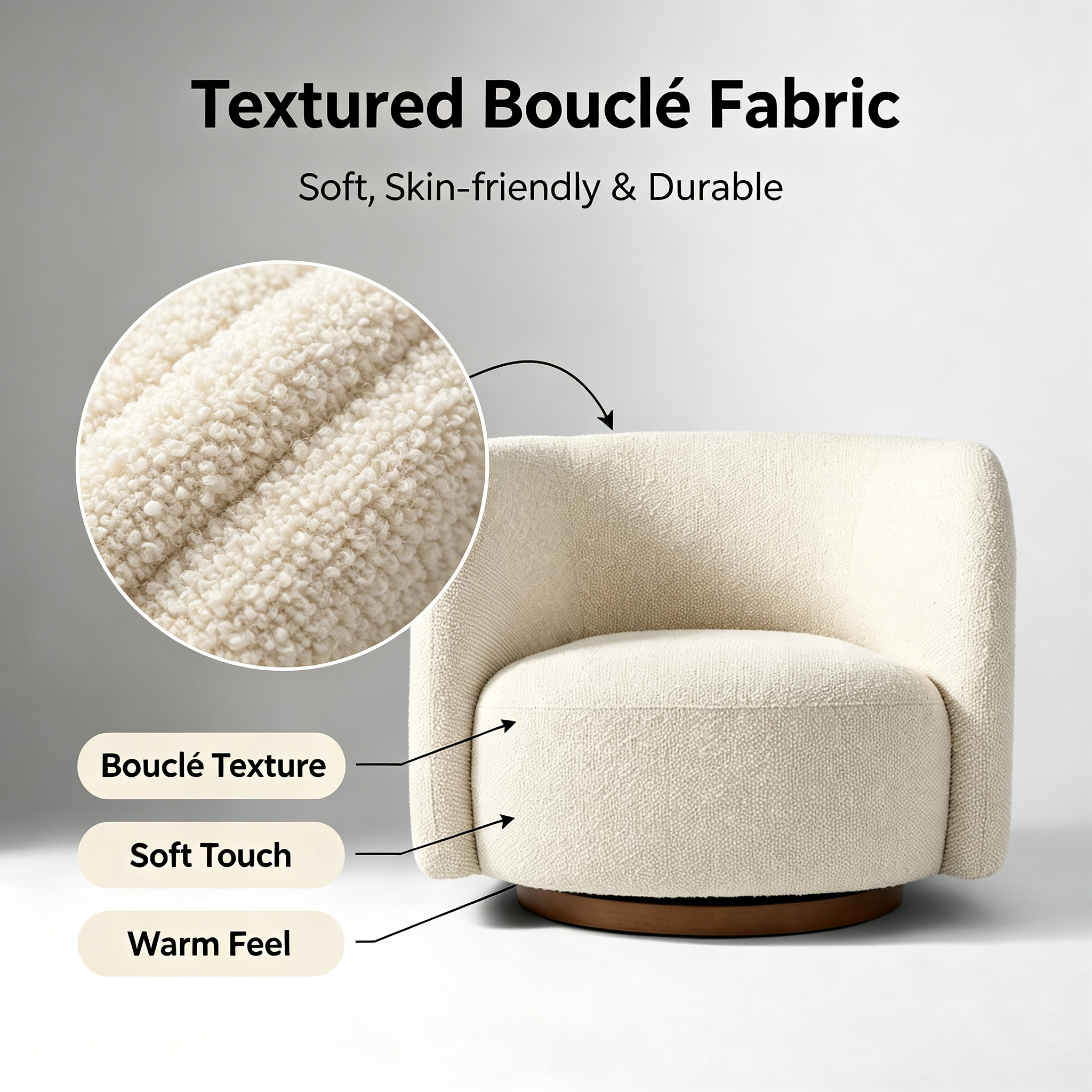 Modern Cream Boucle Swivel Leisure Chair with Solid Wood Base for Living Room