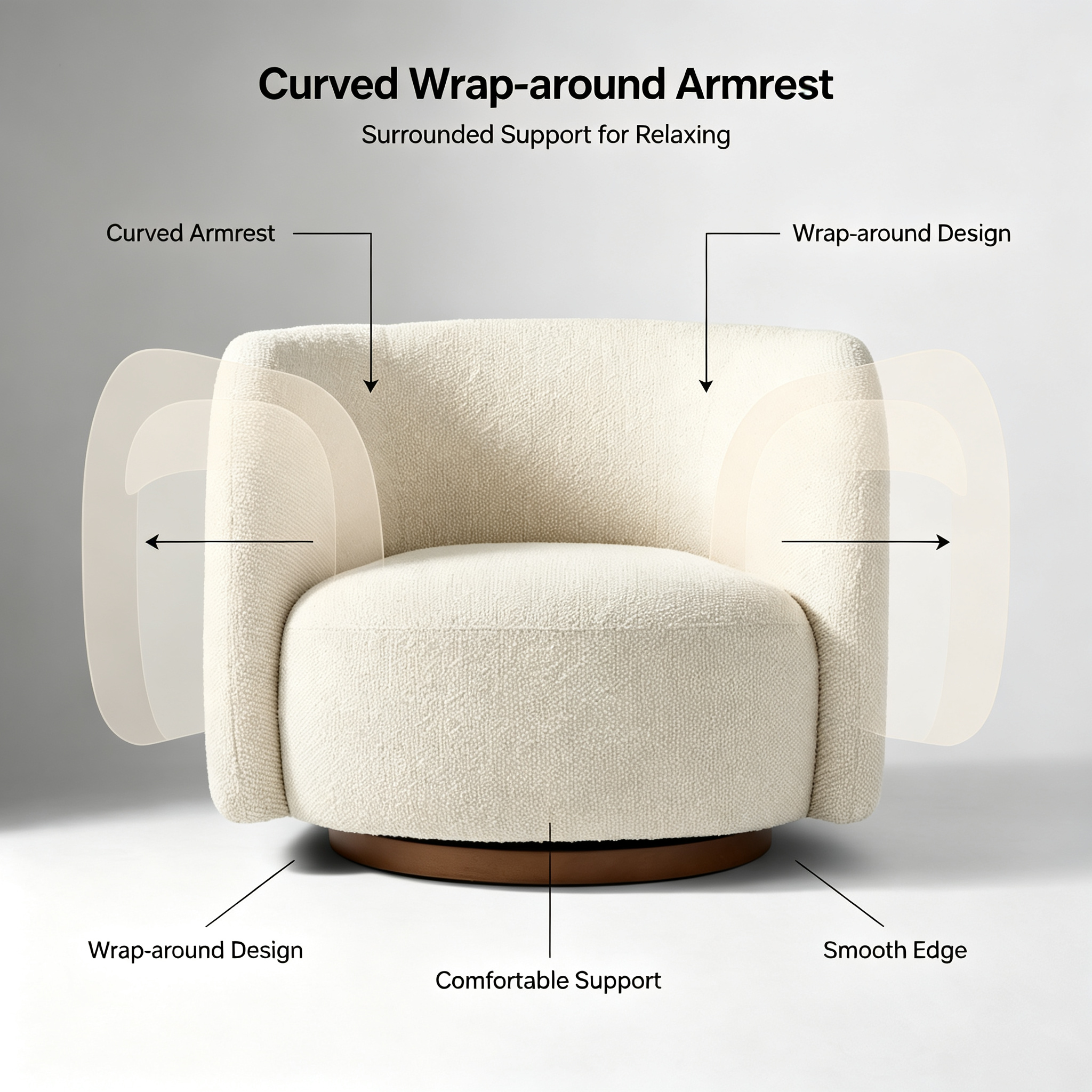 Modern Cream Boucle Swivel Leisure Chair with Solid Wood Base for Living Room