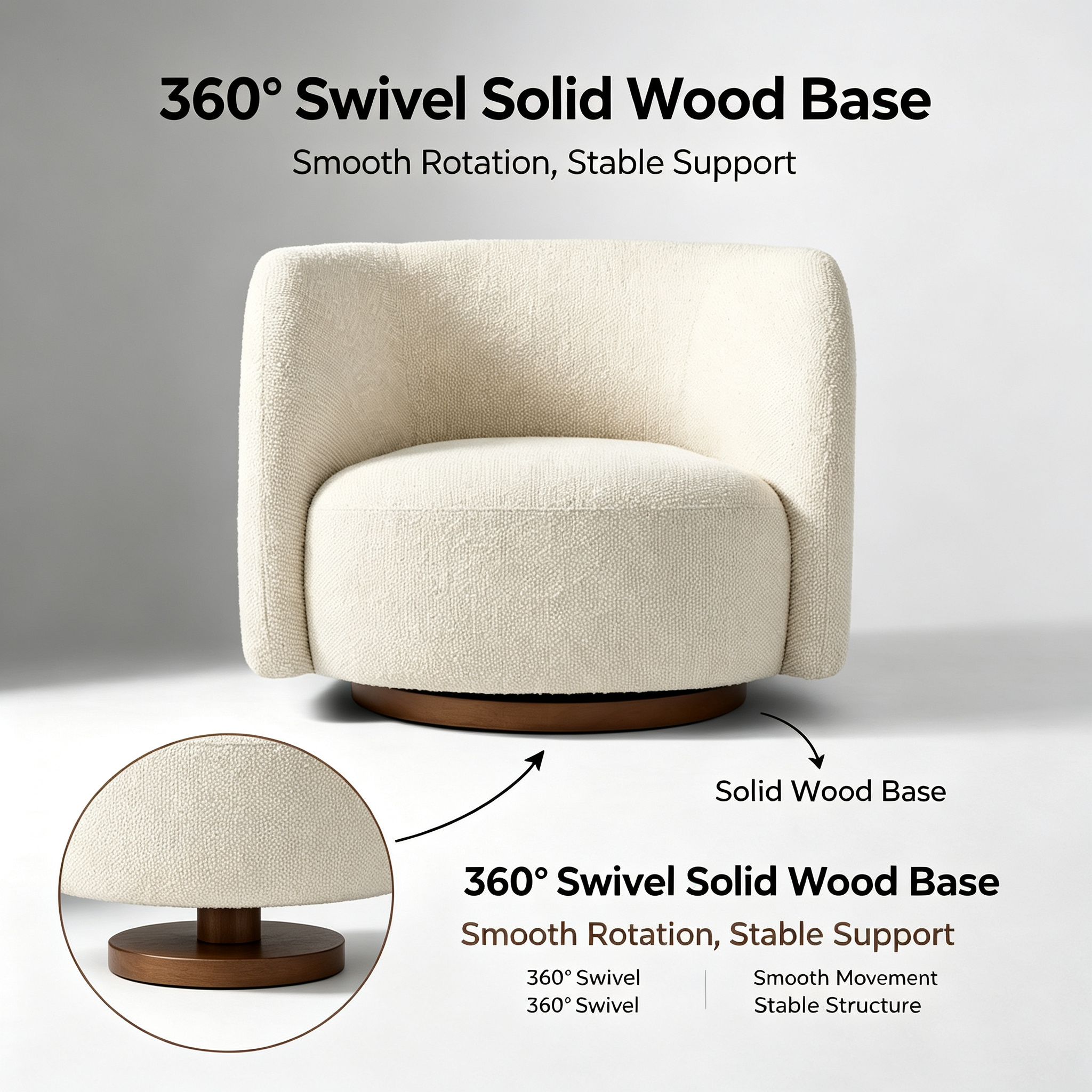 Modern Cream Boucle Swivel Leisure Chair with Solid Wood Base for Living Room