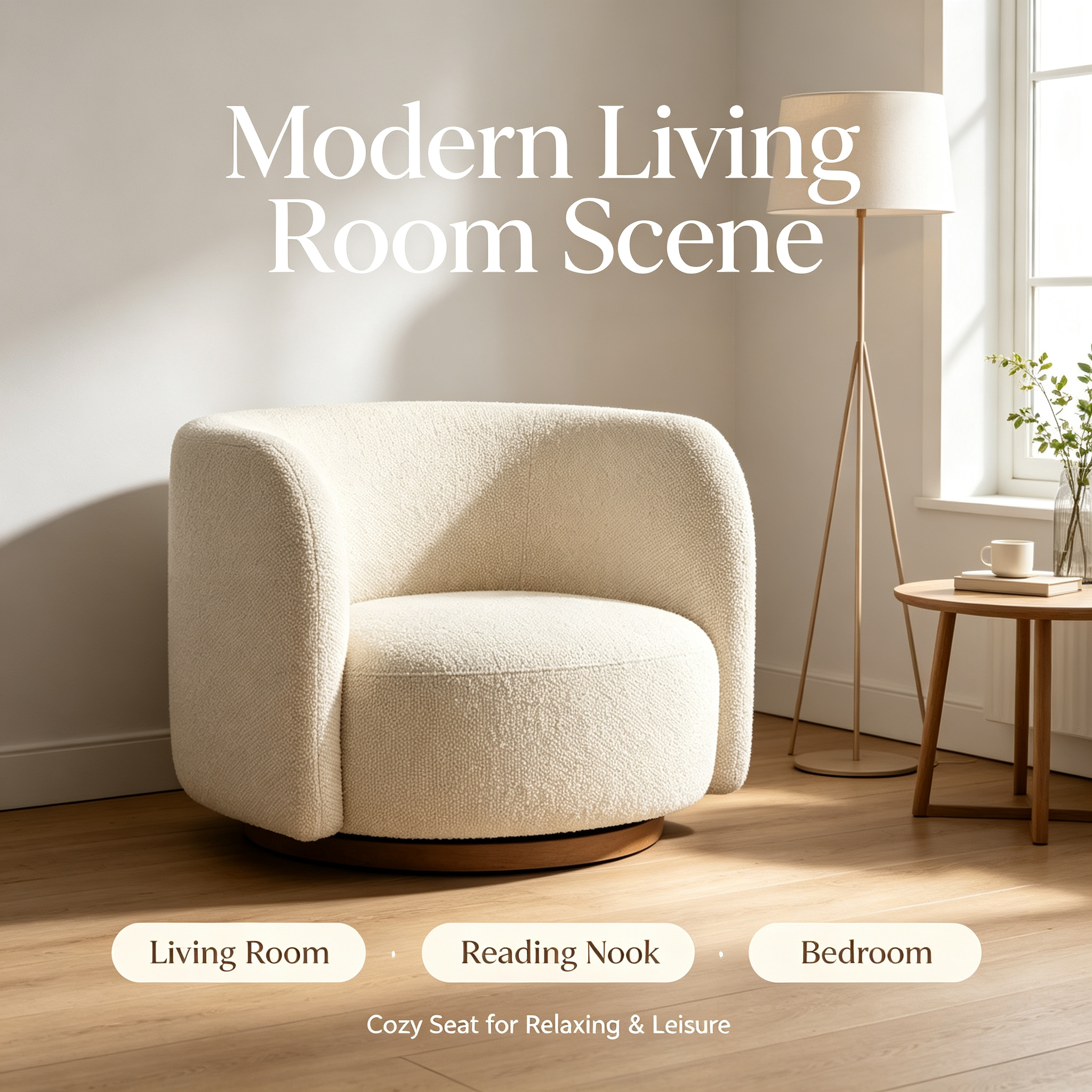 Modern Cream Boucle Swivel Leisure Chair with Solid Wood Base for Living Room