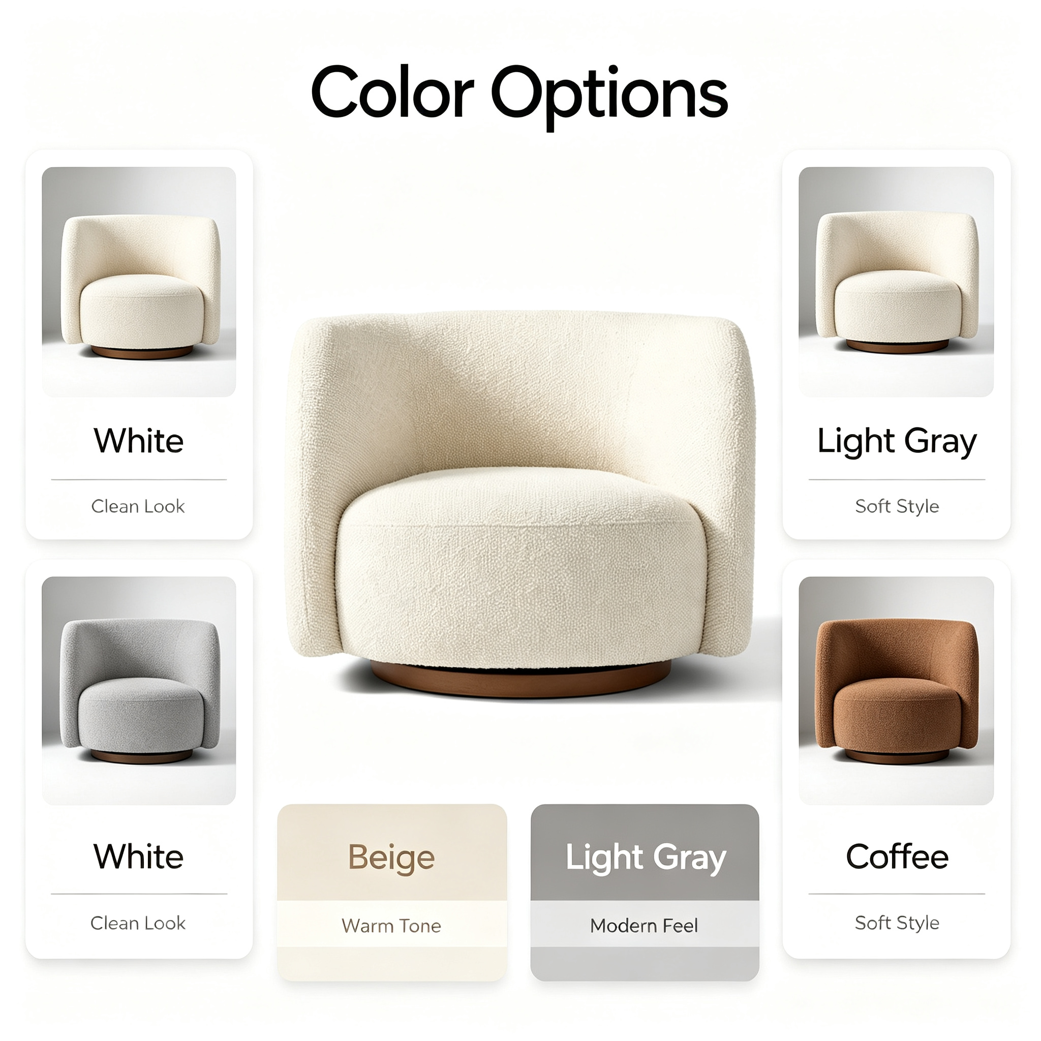 Modern Cream Boucle Swivel Leisure Chair with Solid Wood Base for Living Room