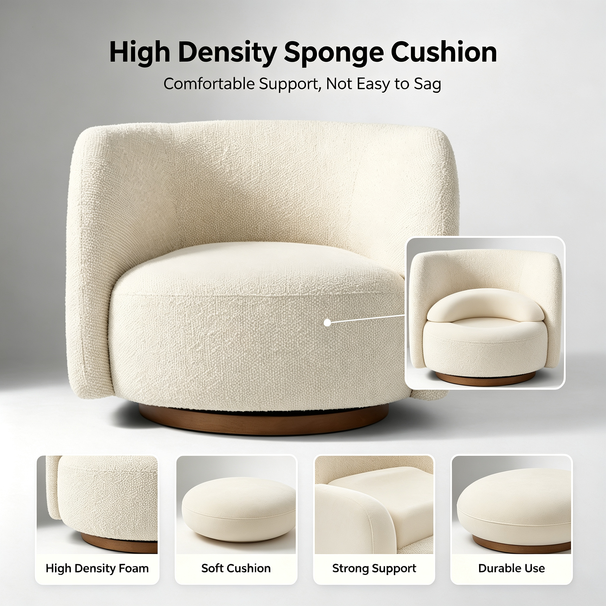 Modern Cream Boucle Swivel Leisure Chair with Solid Wood Base for Living Room