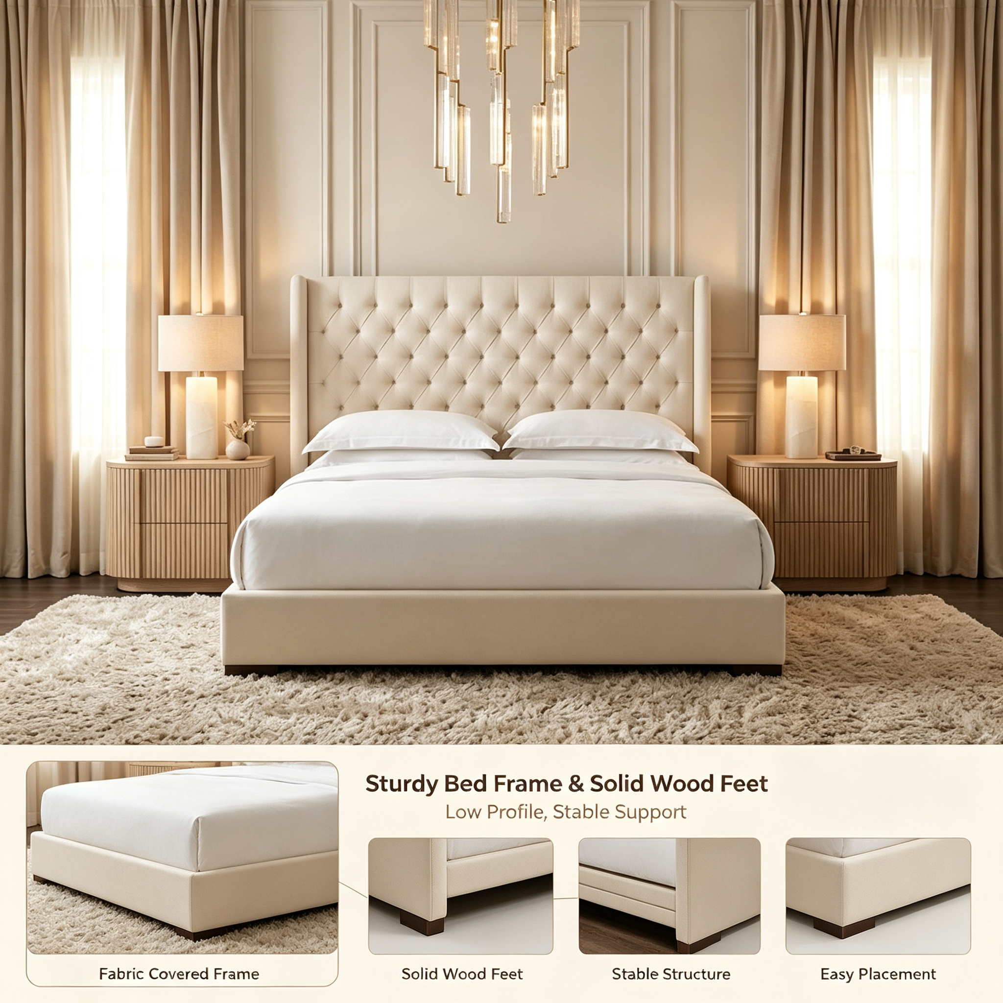 Modern Luxury Upholstered Storage Bed with Button Tufted Headboard for Home Hotel Apartment Villa Bedroom