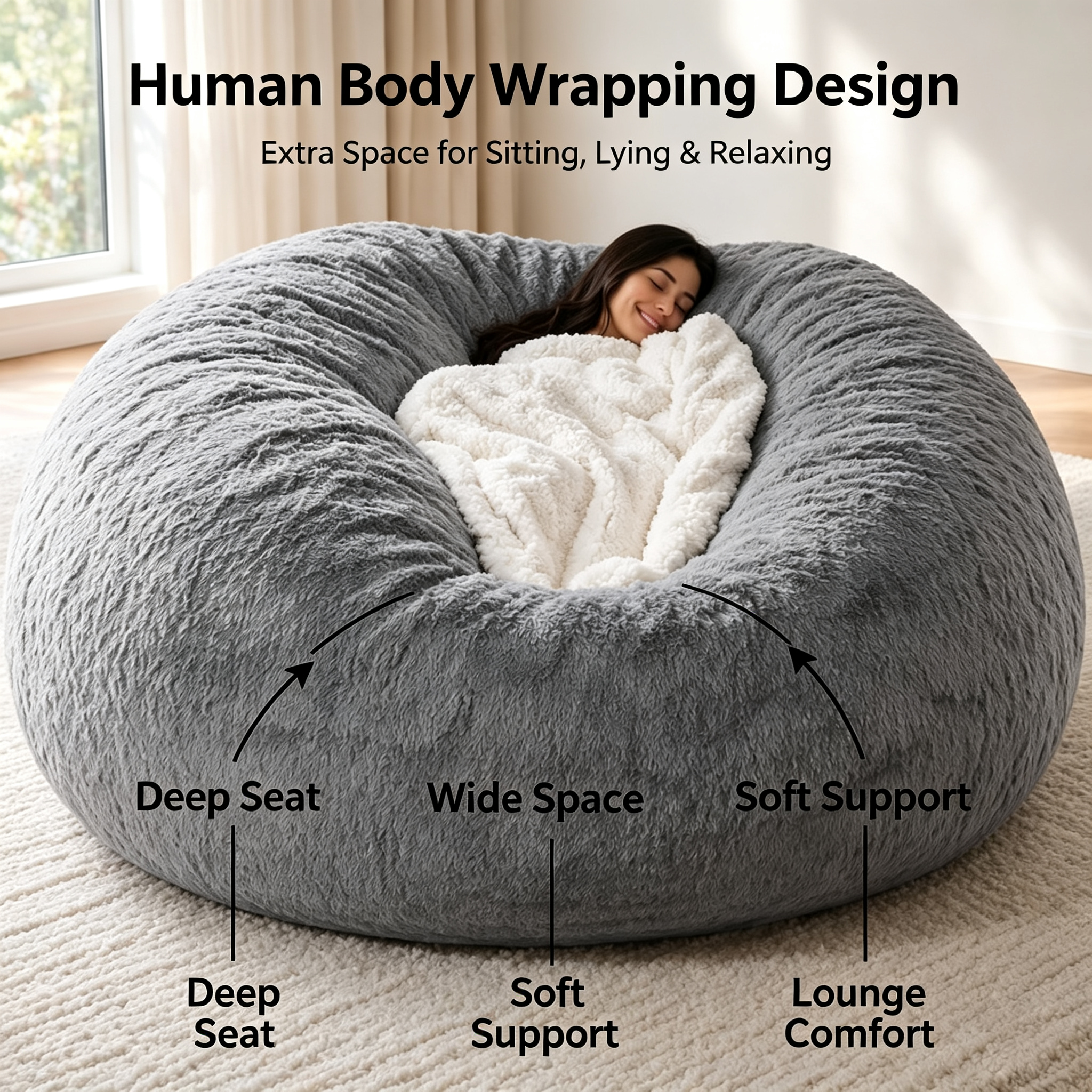 Luxury Plush Bean Bag Chair Cover | Giant Velvet Lounger for Adults | 2-in-1 Ergonomic Gaming Sofa (Unfilled)