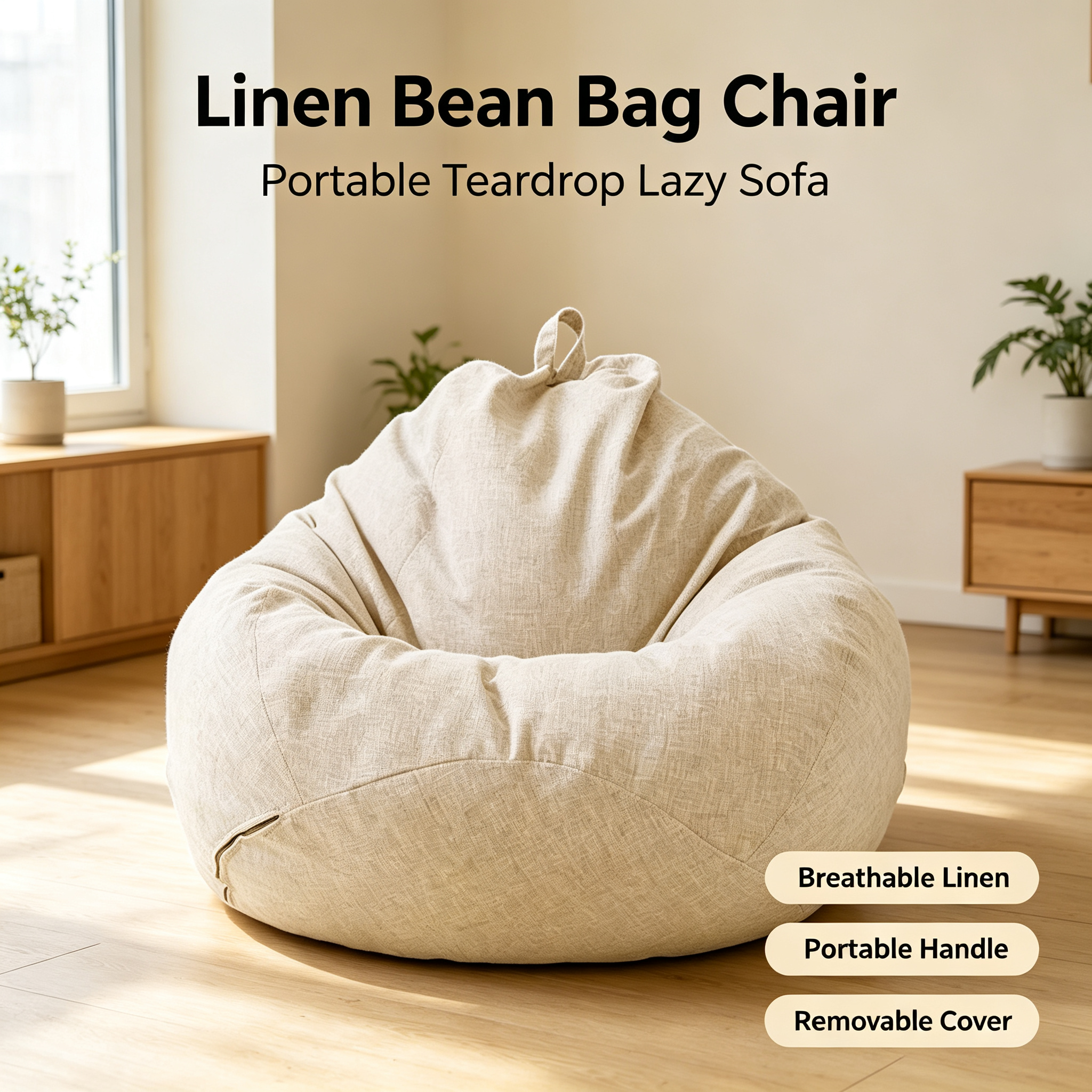 Modern Linen Fabric Bean Bag Chair with Handle | Soft Lounger for Living Room & Bedroom | Multi-Size & Multi-Color