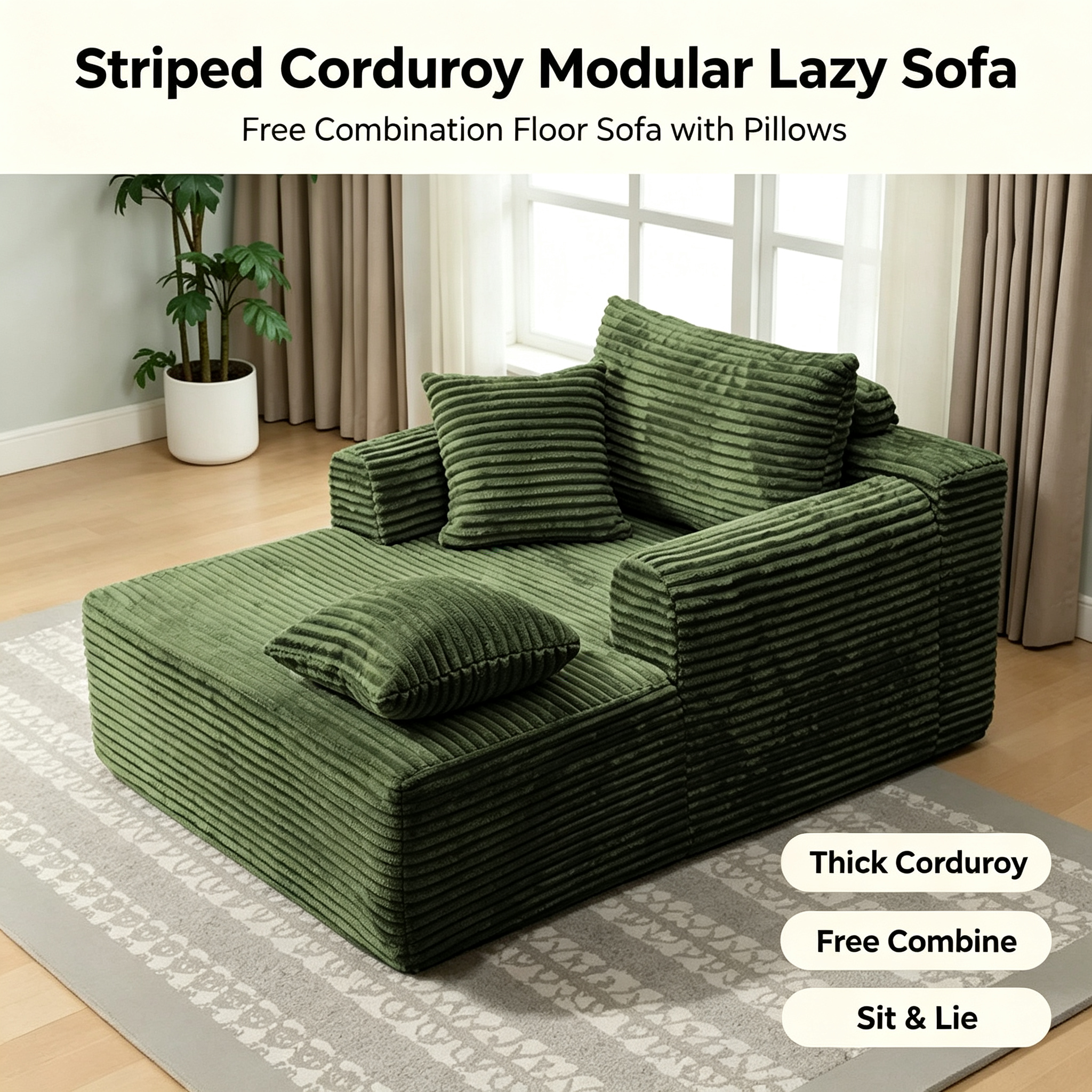Modern Stylish Single Reclining Sponge Sofa Bed | Dark Green Fabric Eco-Friendly Modular Lounger for Apartment Living Room