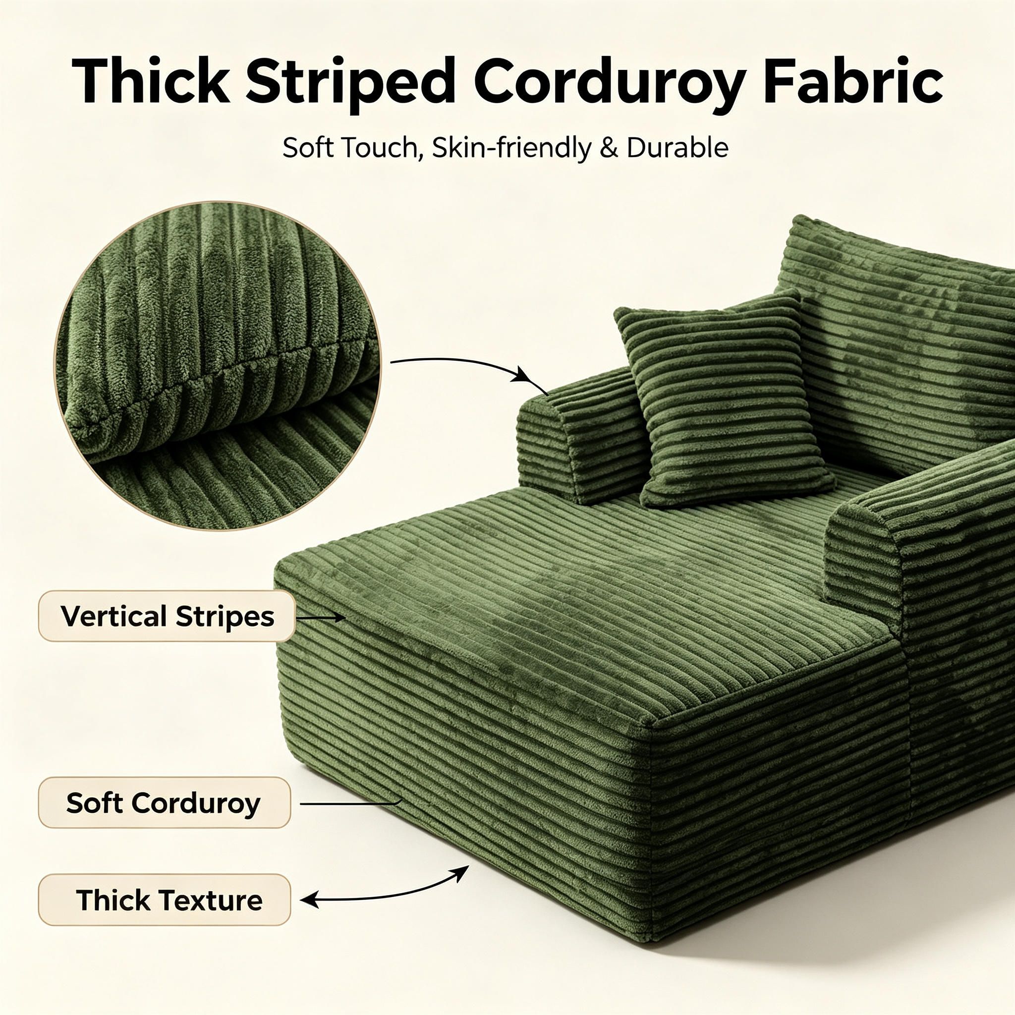 Modern Stylish Single Reclining Sponge Sofa Bed | Dark Green Fabric Eco-Friendly Modular Lounger for Apartment Living Room