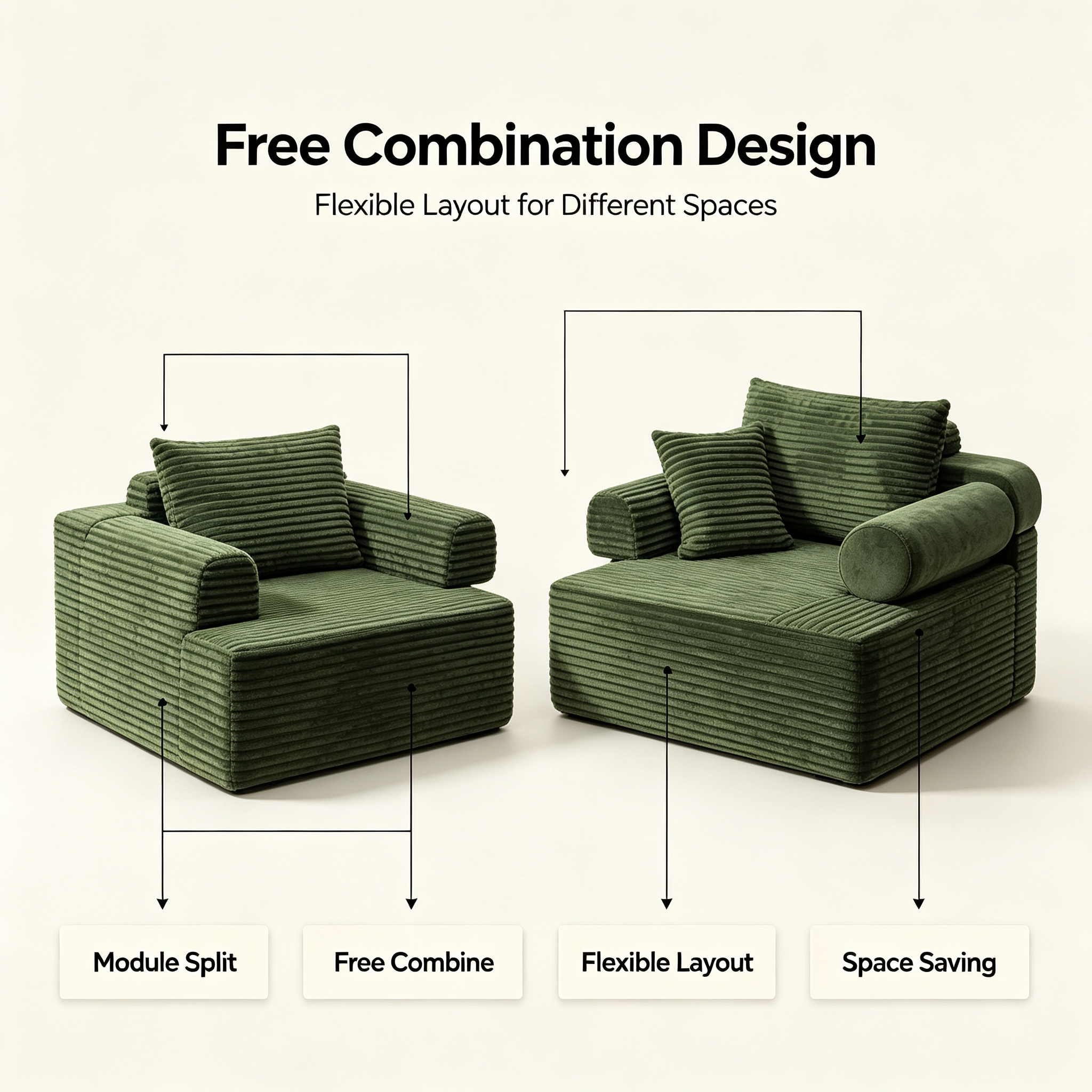 Modern Stylish Single Reclining Sponge Sofa Bed | Dark Green Fabric Eco-Friendly Modular Lounger for Apartment Living Room