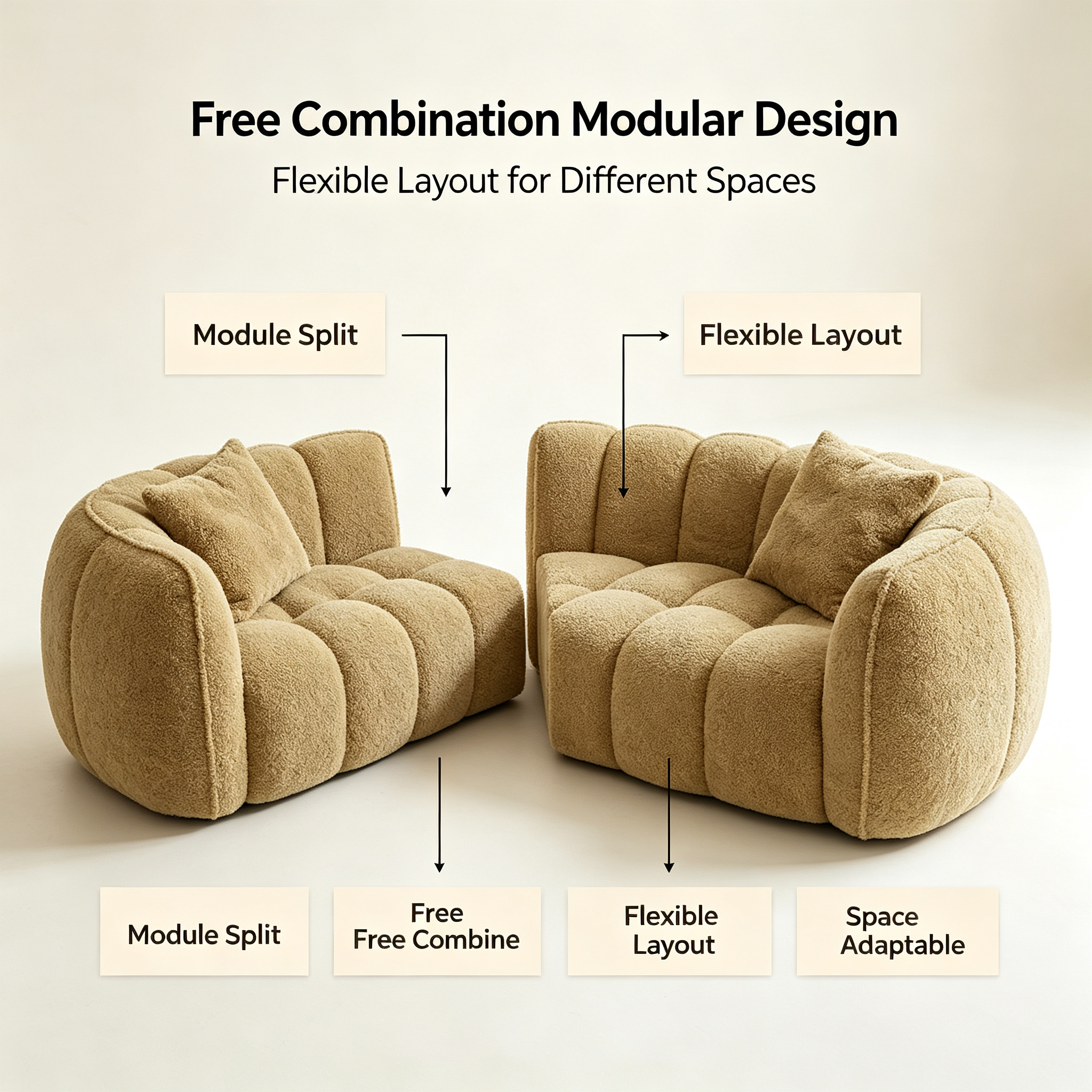 Modern Cream Cloud Bubble Modular Sofa | Soft Boucle Sectional Couch for Living Room