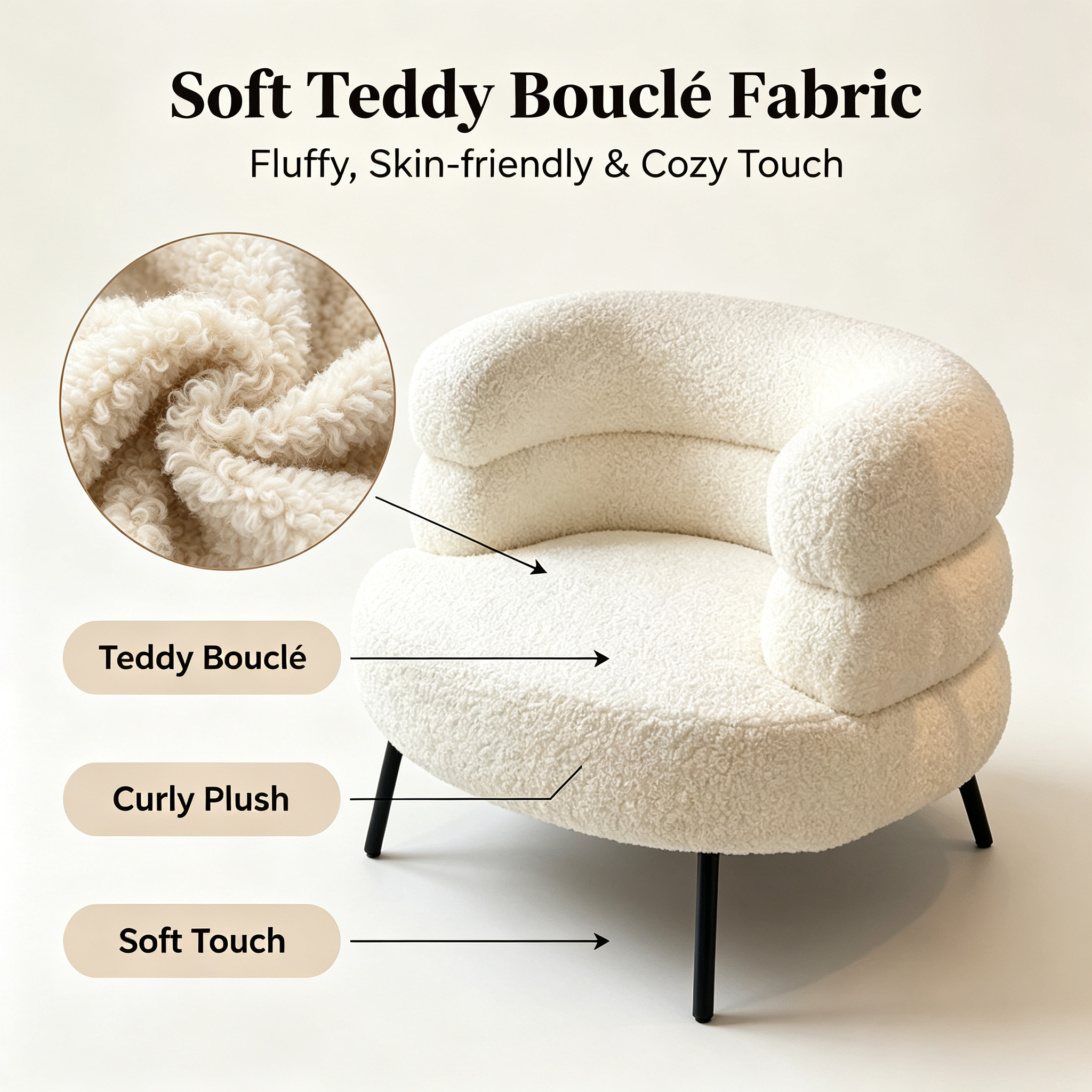 Modern Cream Boucle Accent Chair | Cloud-Like Segmented Single Sofa with Metal Legs for Living Room Balcony