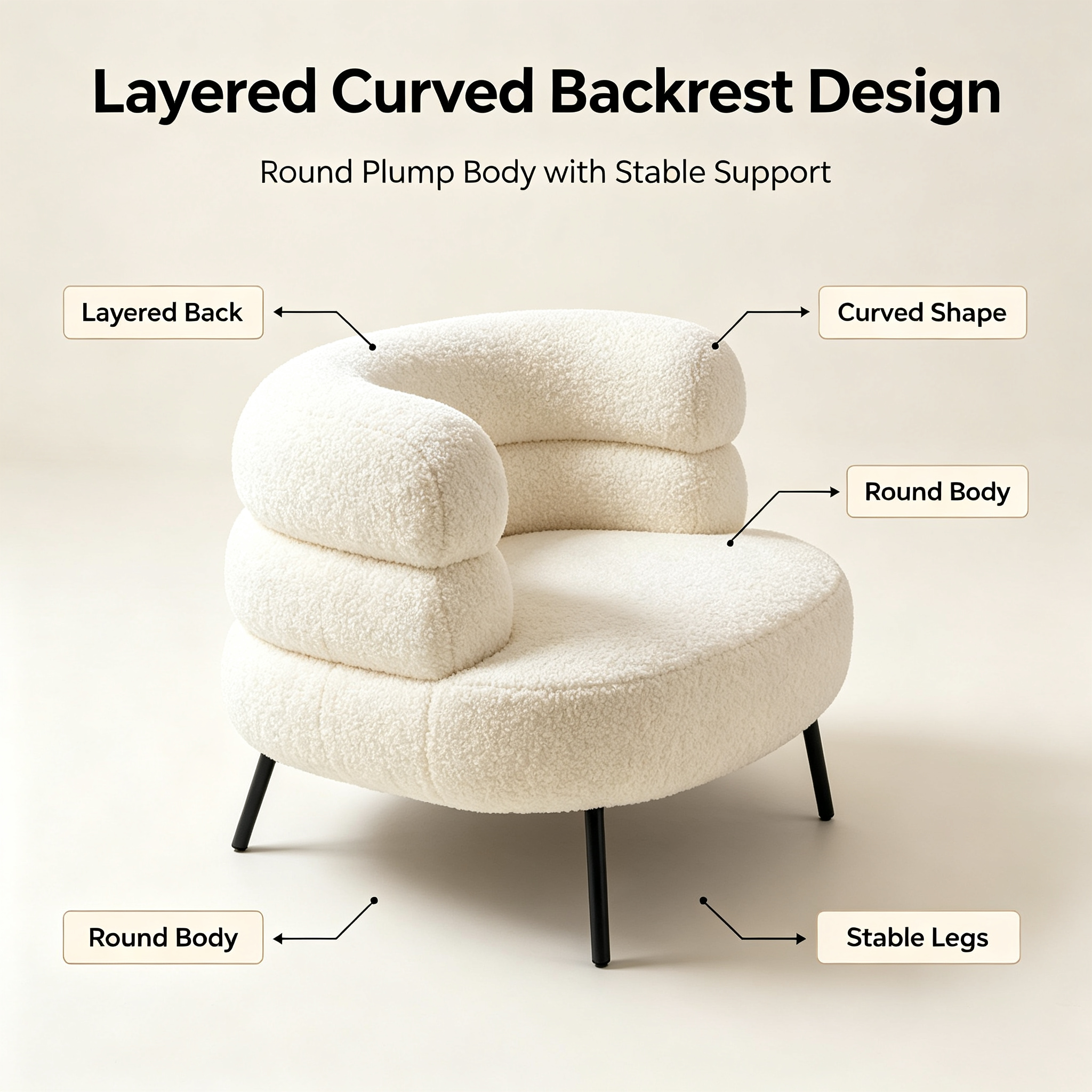 Modern Cream Boucle Accent Chair | Cloud-Like Segmented Single Sofa with Metal Legs for Living Room Balcony