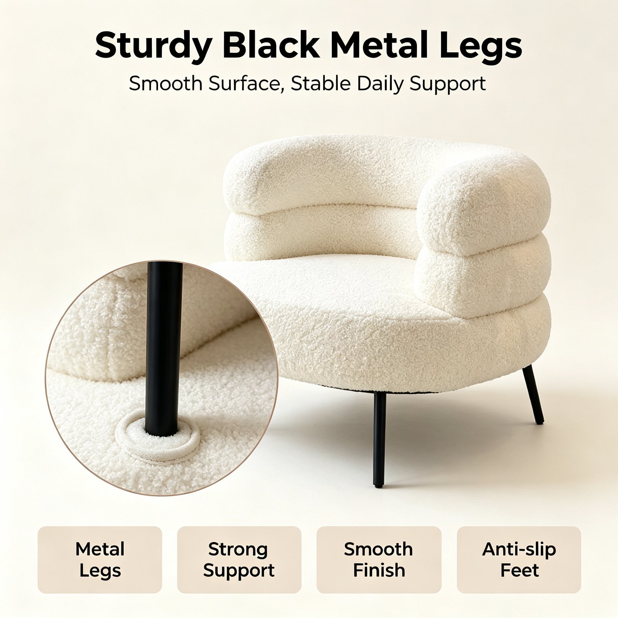 Modern Cream Boucle Accent Chair | Cloud-Like Segmented Single Sofa with Metal Legs for Living Room Balcony