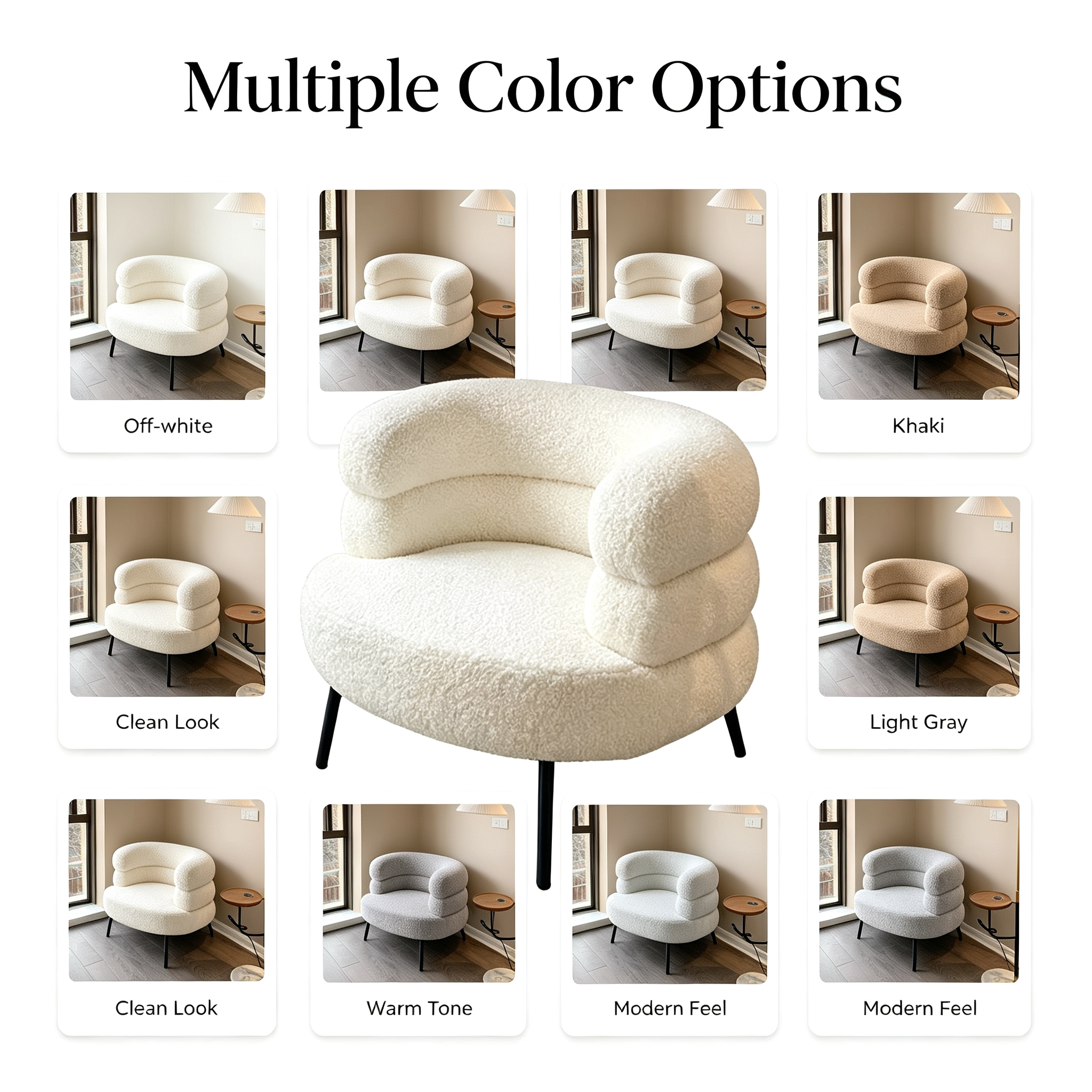 Modern Cream Boucle Accent Chair | Cloud-Like Segmented Single Sofa with Metal Legs for Living Room Balcony