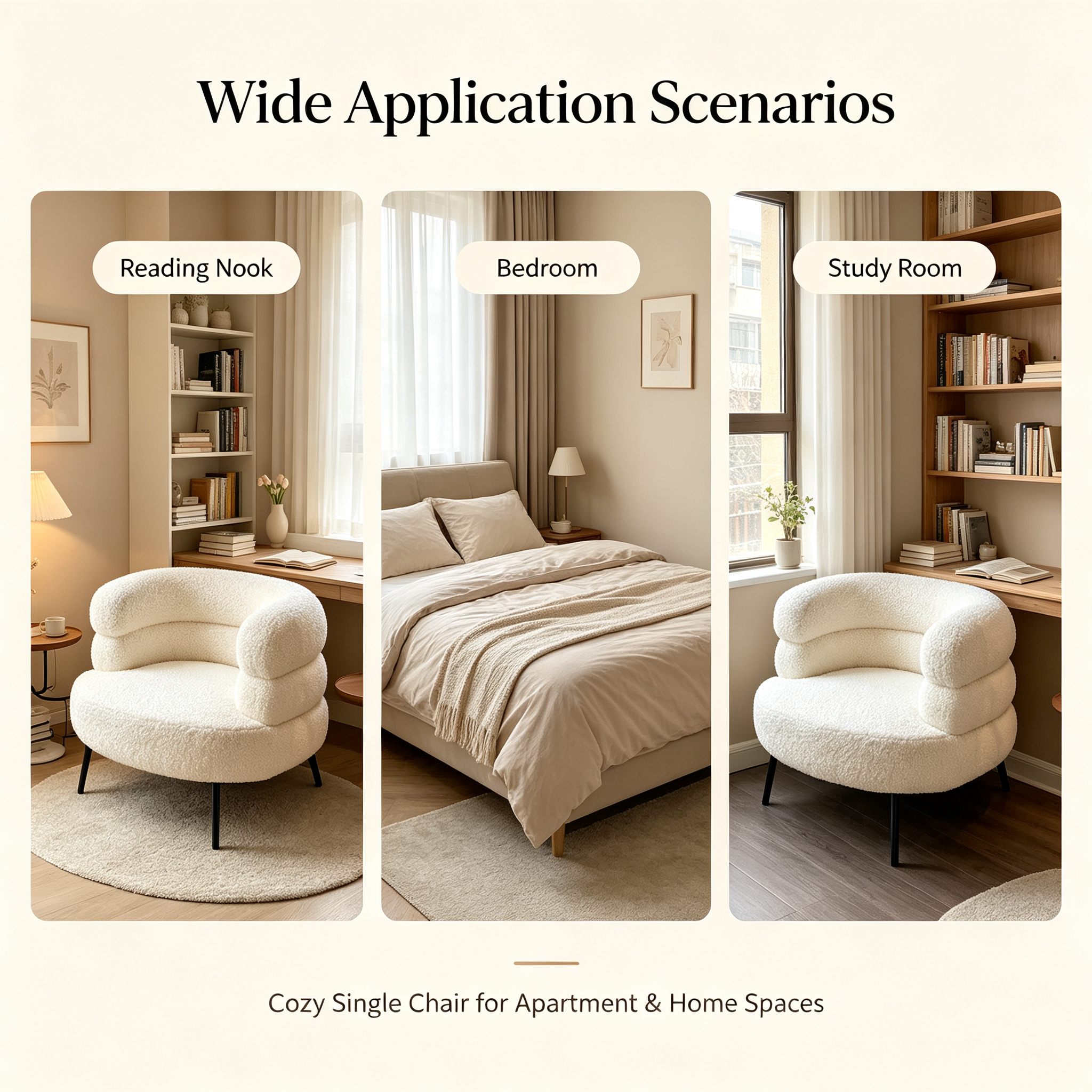 Modern Cream Boucle Accent Chair | Cloud-Like Segmented Single Sofa with Metal Legs for Living Room Balcony