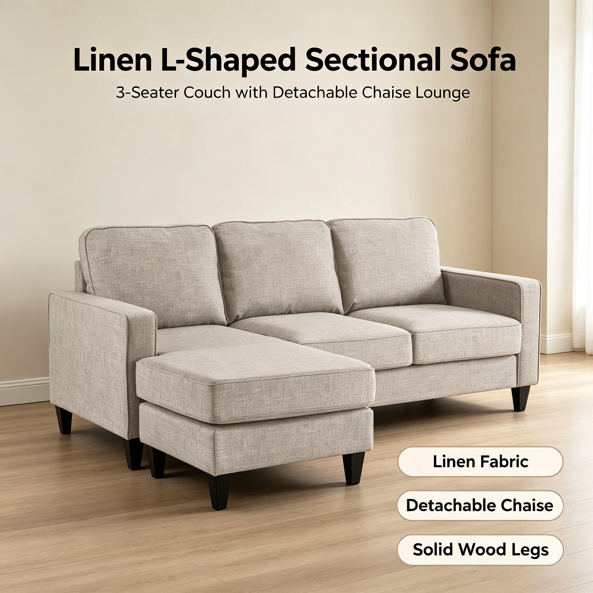 Modern L-Shaped Sectional Sofa with Chaise | 3-Seater Fabric Couch with Reversible Chaise for Living Room Apartment