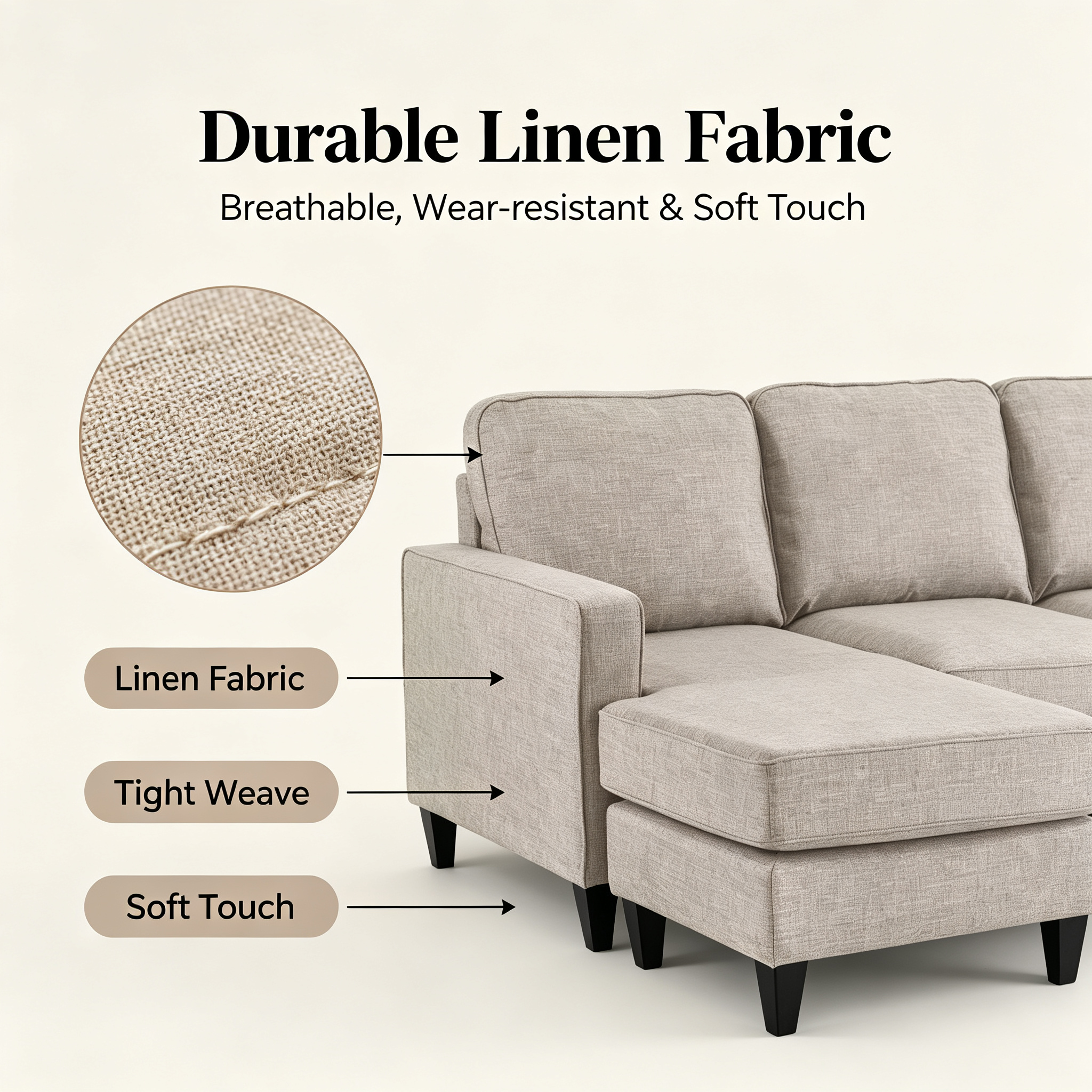 Modern L-Shaped Sectional Sofa with Chaise | 3-Seater Fabric Couch with Reversible Chaise for Living Room Apartment