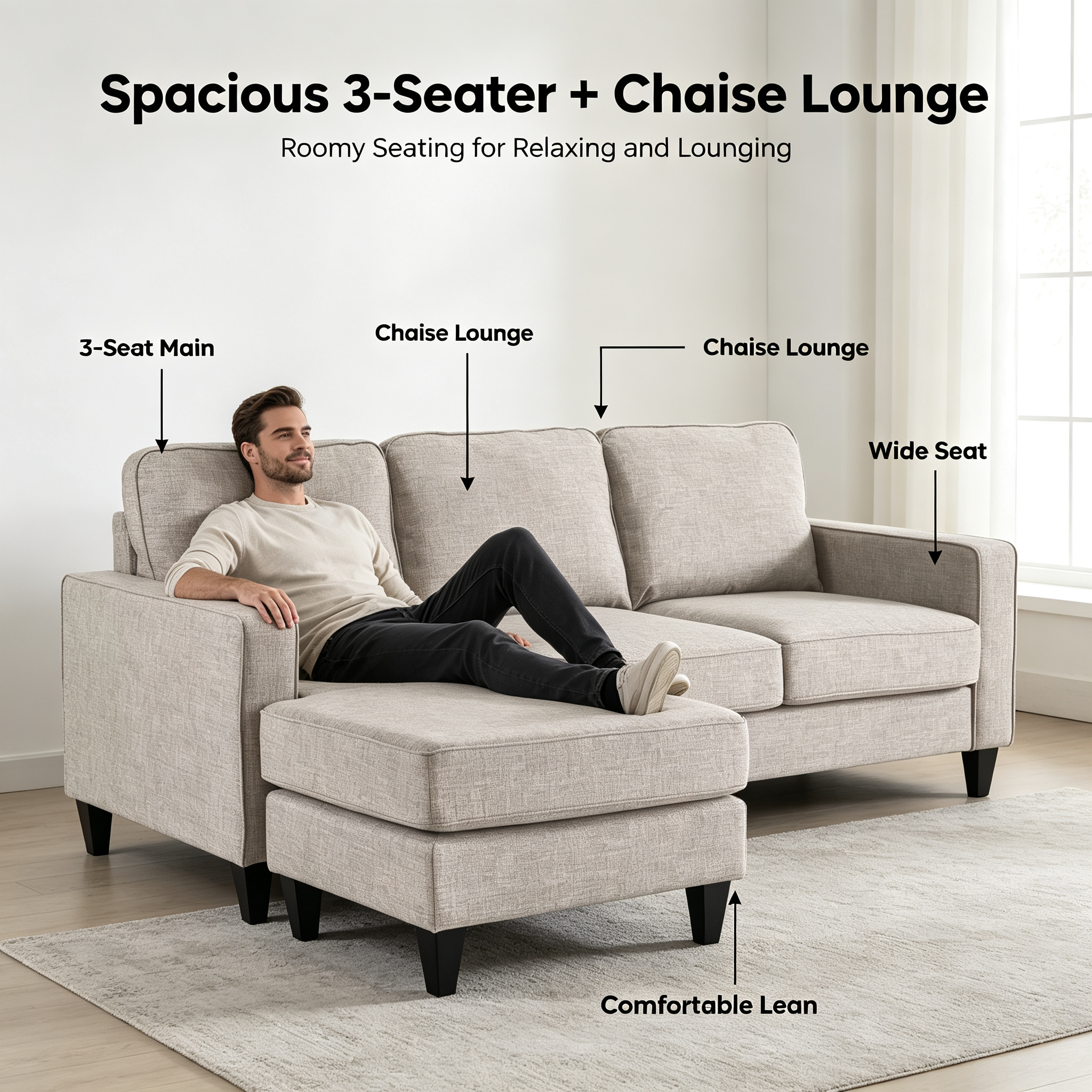 Modern L-Shaped Sectional Sofa with Chaise | 3-Seater Fabric Couch with Reversible Chaise for Living Room Apartment