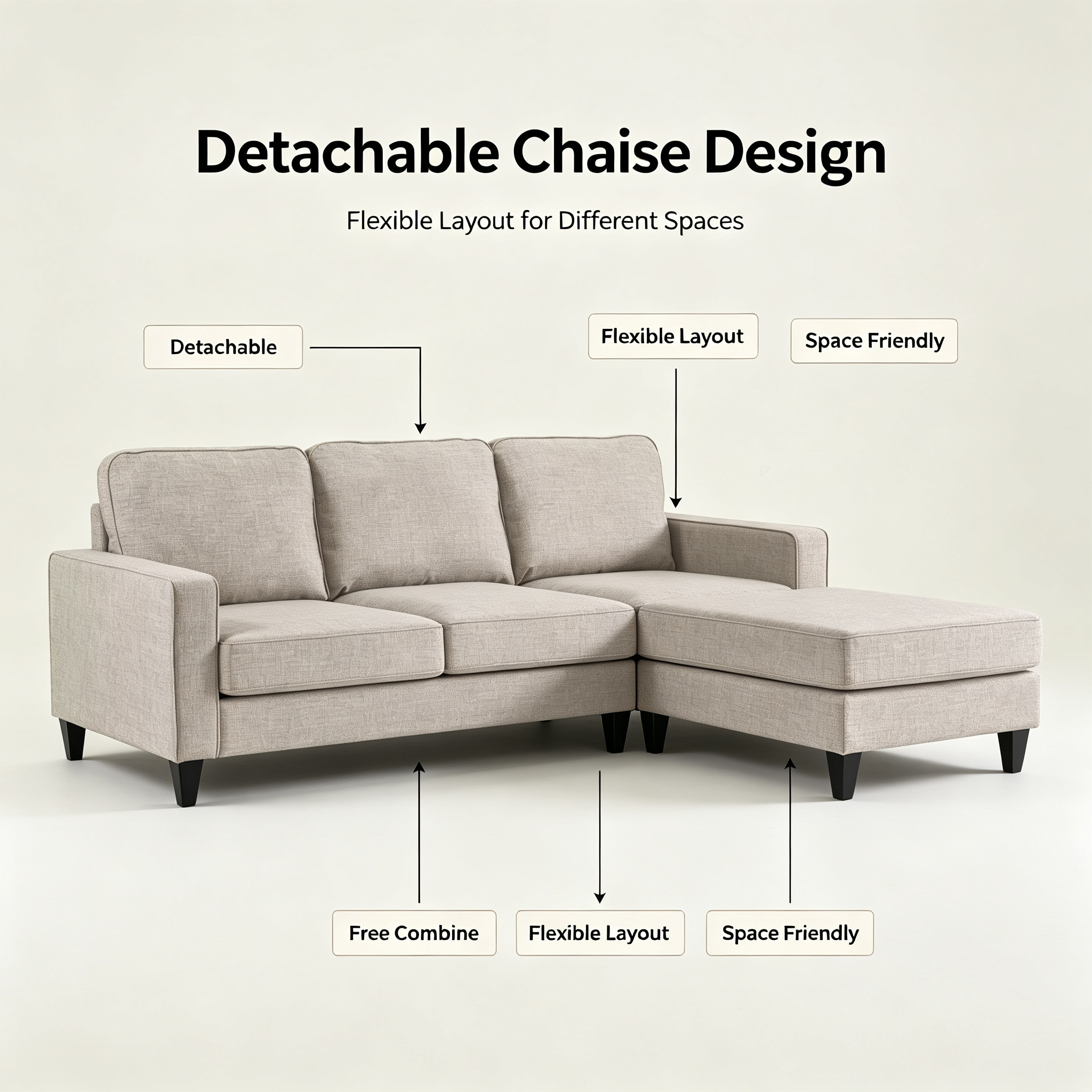 Modern L-Shaped Sectional Sofa with Chaise | 3-Seater Fabric Couch with Reversible Chaise for Living Room Apartment