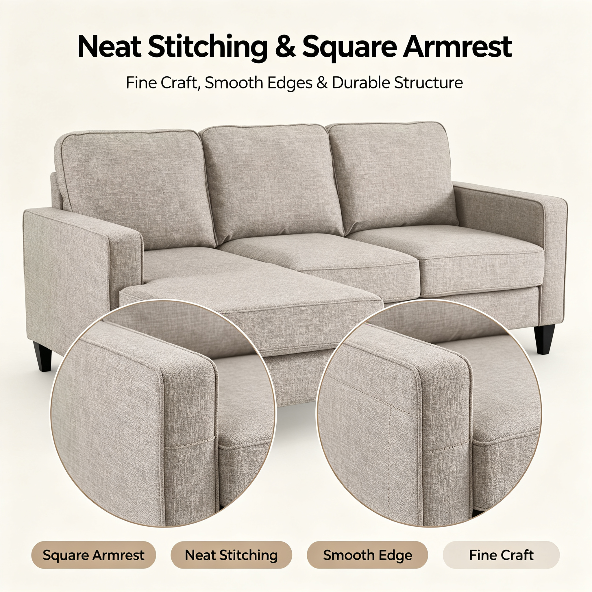 Modern L-Shaped Sectional Sofa with Chaise | 3-Seater Fabric Couch with Reversible Chaise for Living Room Apartment
