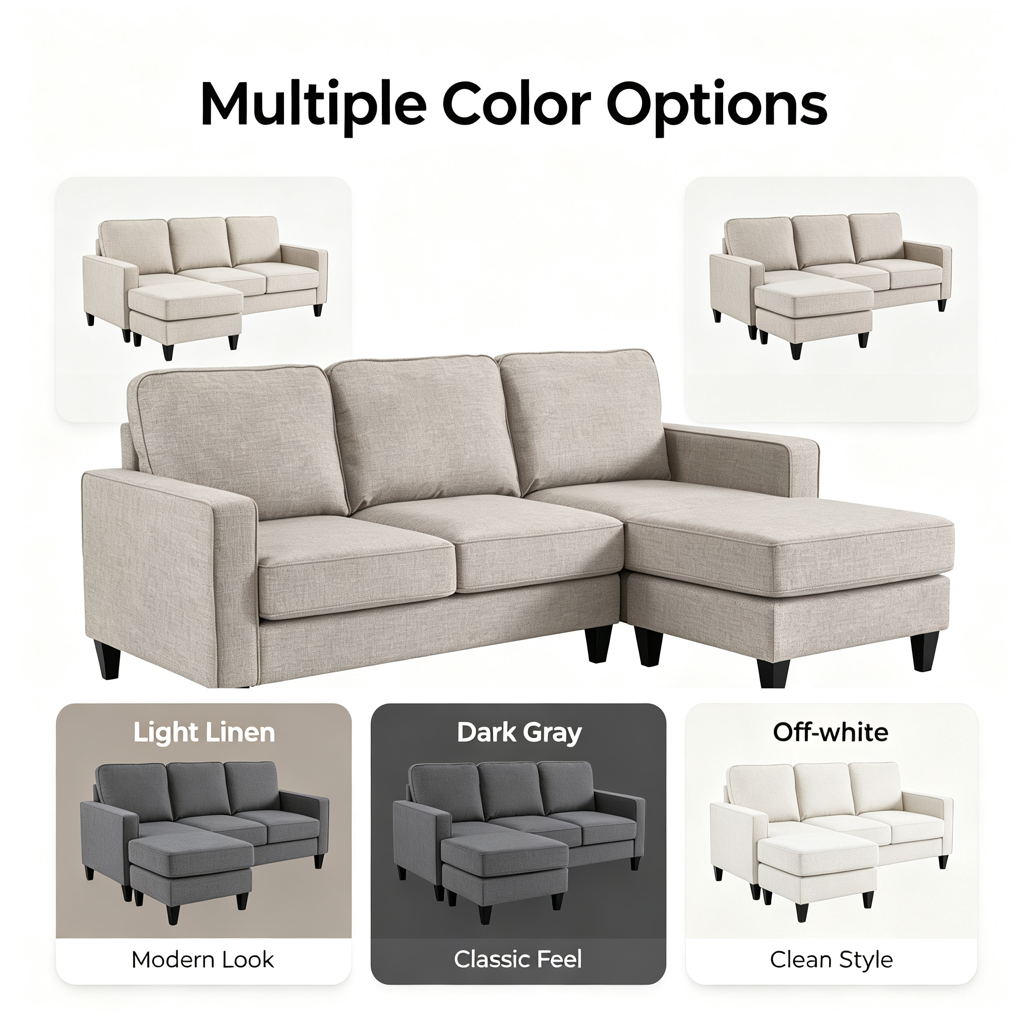 Modern L-Shaped Sectional Sofa with Chaise | 3-Seater Fabric Couch with Reversible Chaise for Living Room Apartment