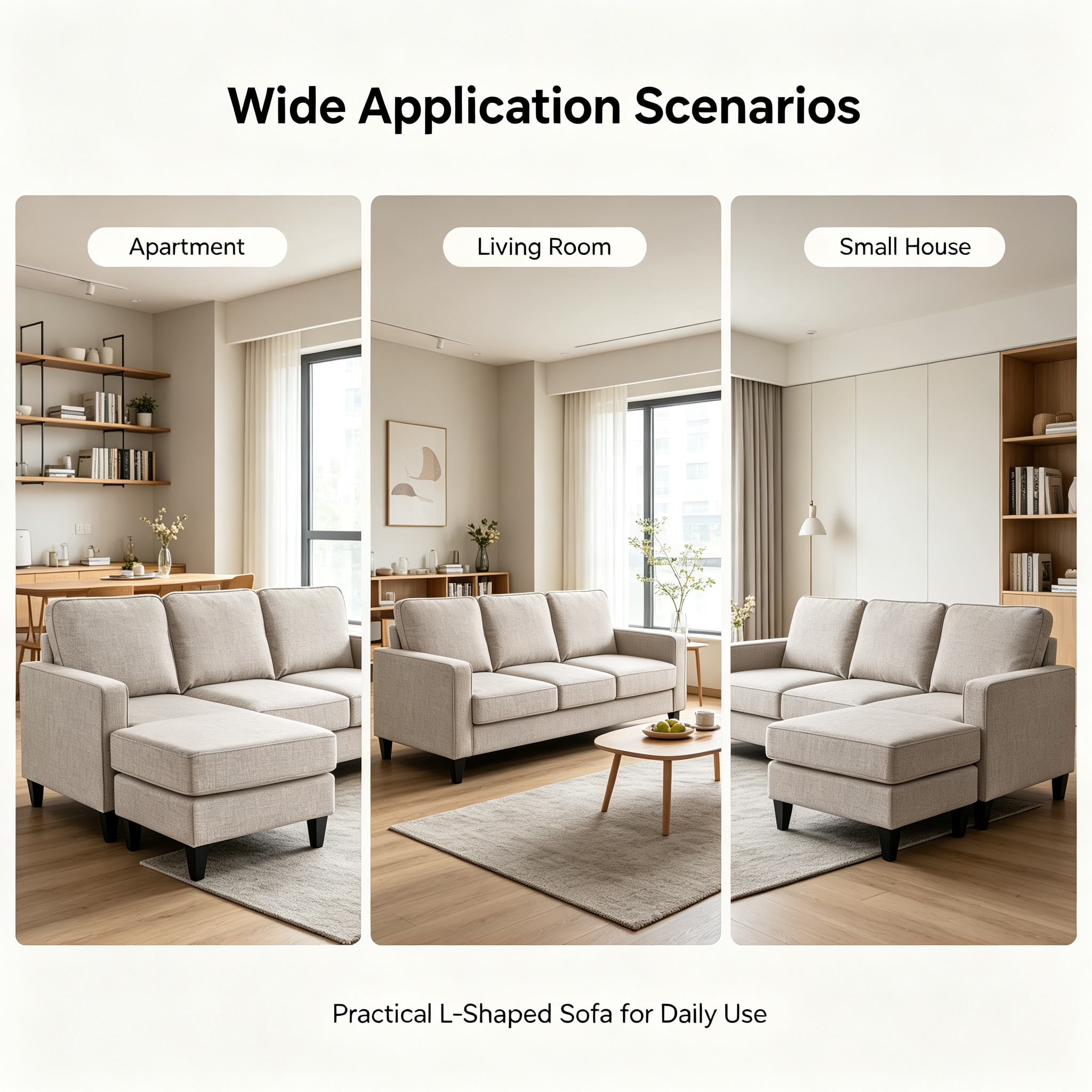 Modern L-Shaped Sectional Sofa with Chaise | 3-Seater Fabric Couch with Reversible Chaise for Living Room Apartment
