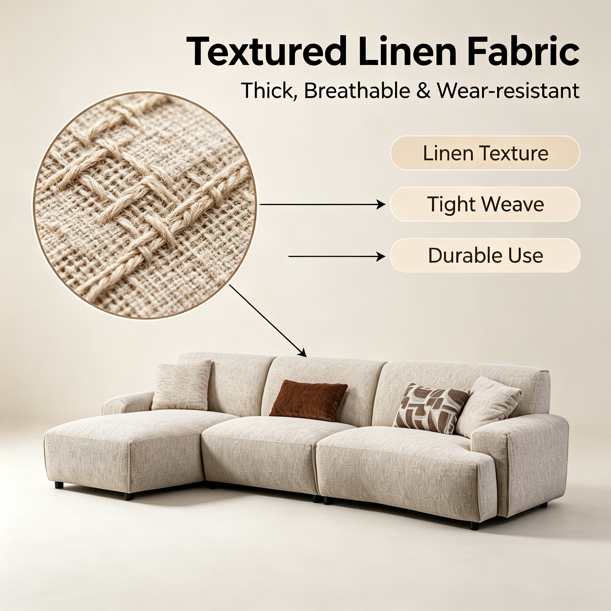 Modern Minimalist Modular Sectional Sofa with Chaise | Beige Fabric Couch for Living Room Apartment