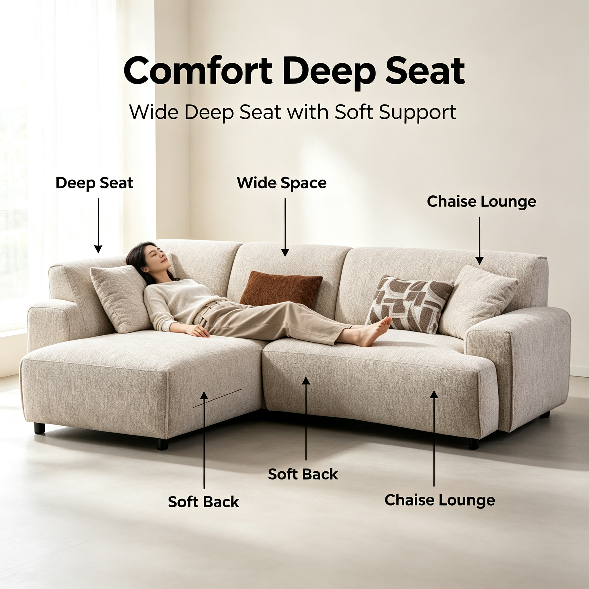 Modern Minimalist Modular Sectional Sofa with Chaise | Beige Fabric Couch for Living Room Apartment