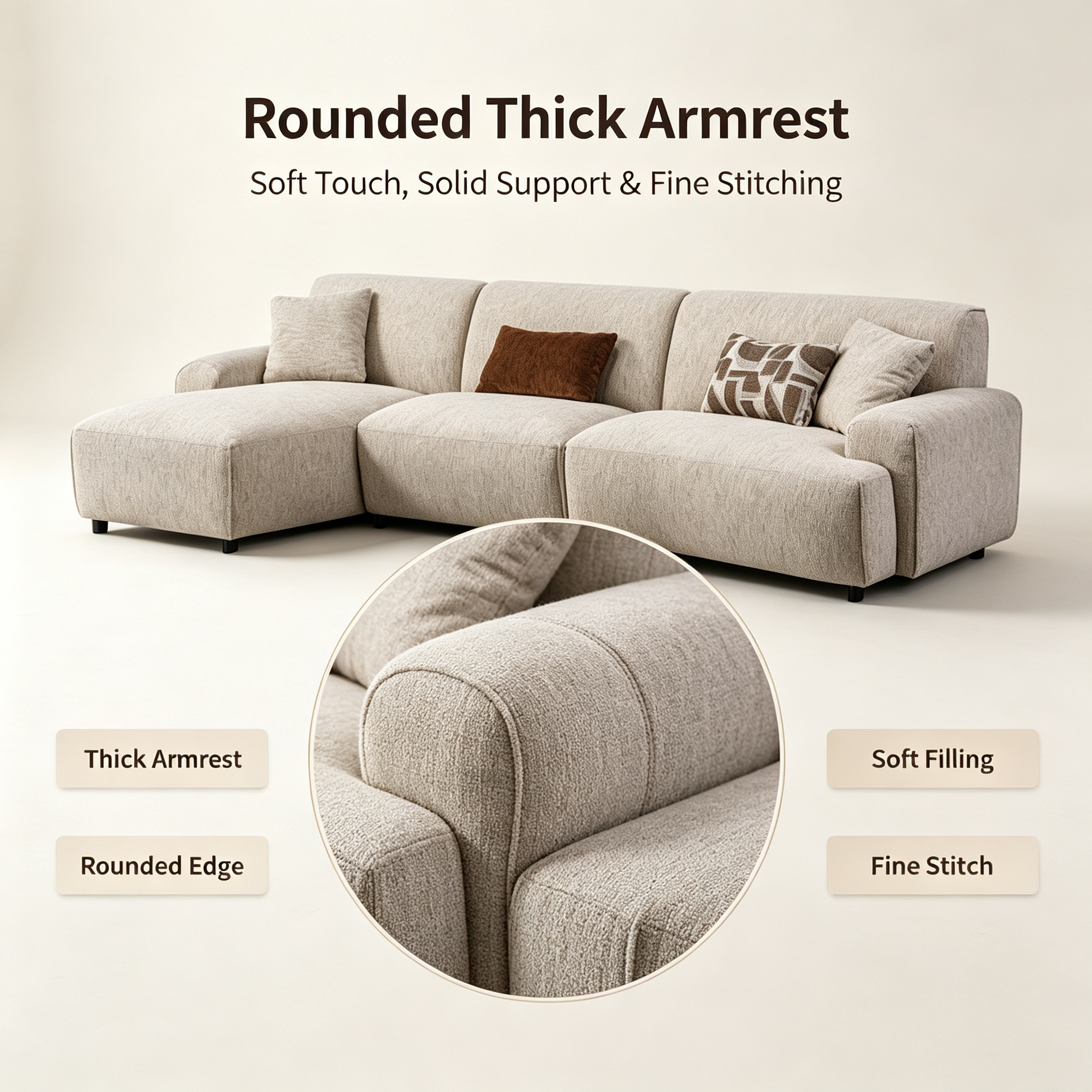 Modern Minimalist Modular Sectional Sofa with Chaise | Beige Fabric Couch for Living Room Apartment