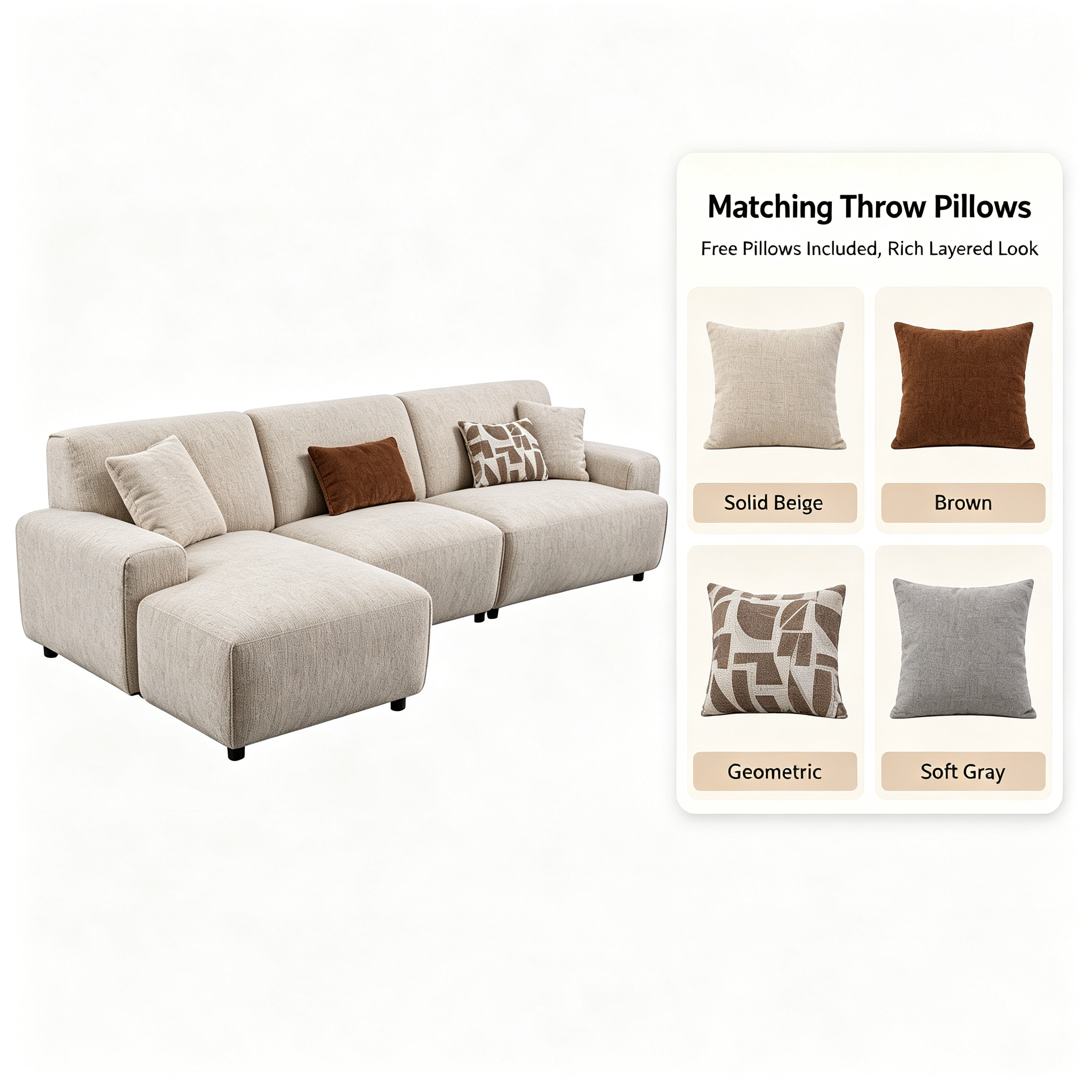 Modern Minimalist Modular Sectional Sofa with Chaise | Beige Fabric Couch for Living Room Apartment