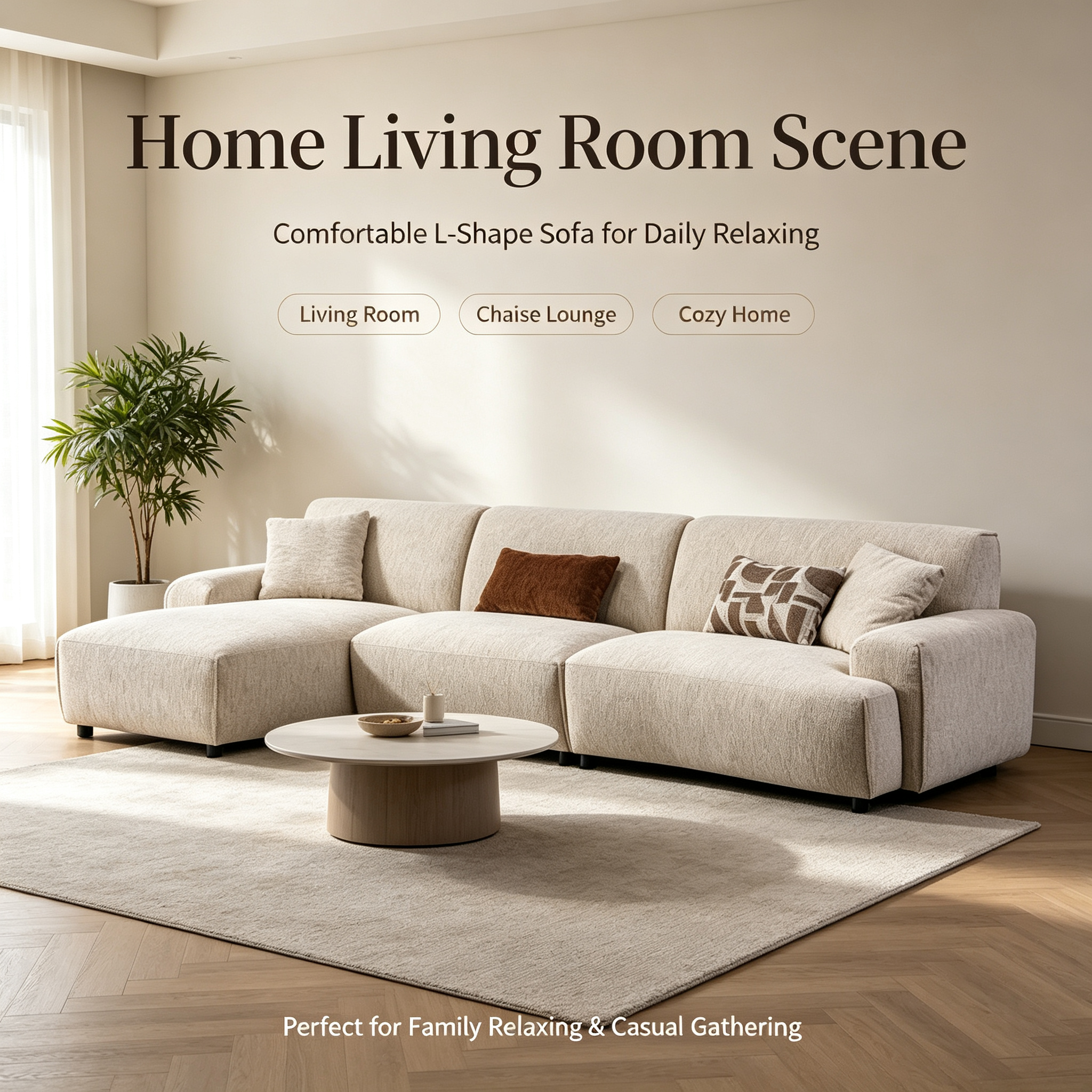 Modern Minimalist Modular Sectional Sofa with Chaise | Beige Fabric Couch for Living Room Apartment