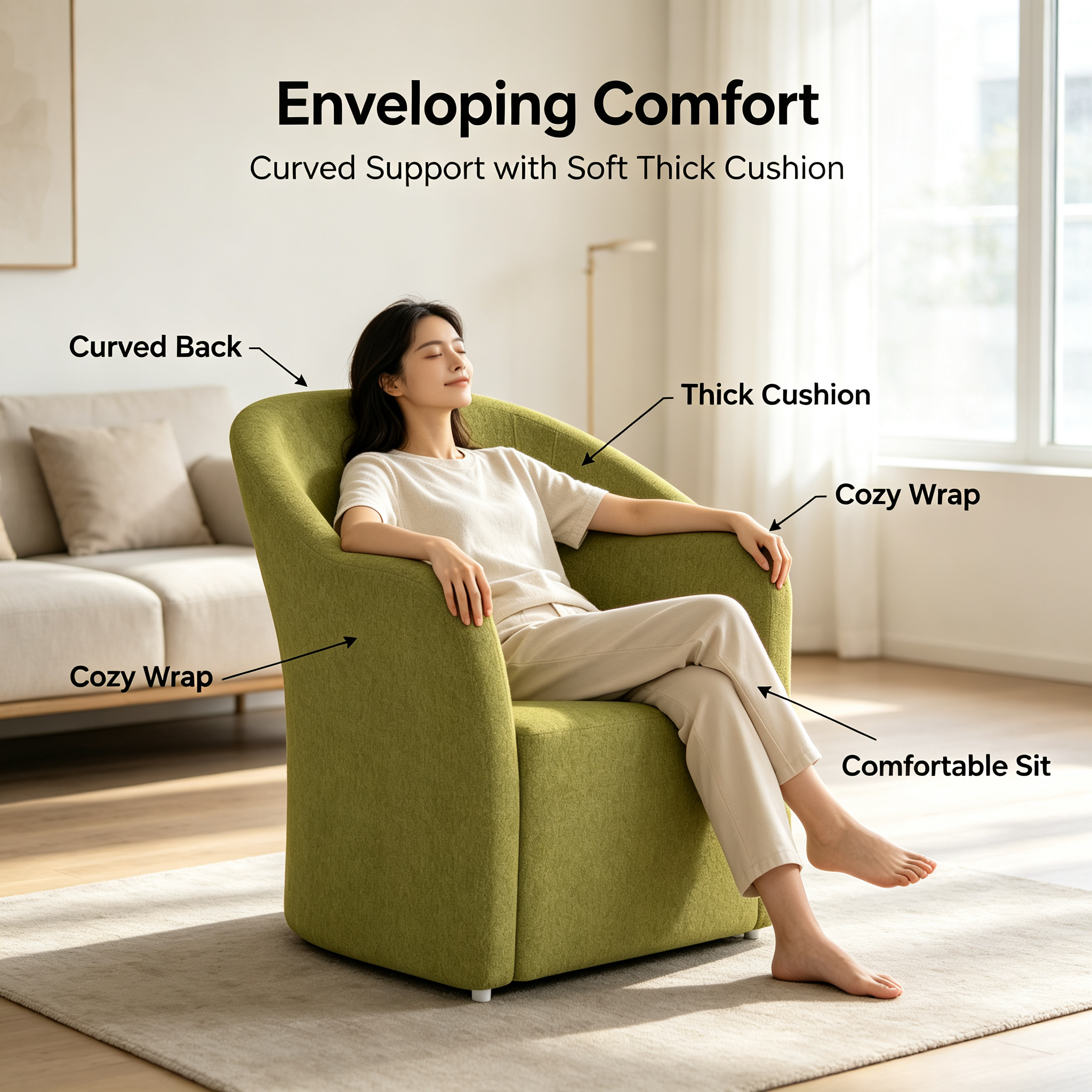 Modern Minimalist Tub Armchair | Cozy Green Fabric Accent Chair for Living Room & Office
