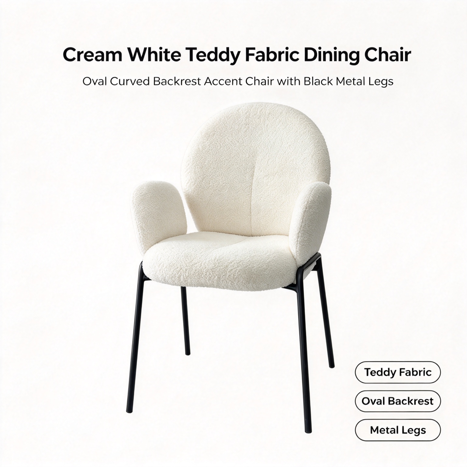 Modern Minimalist Boucle Accent Chair | Soft Cloud Armchair with Black Metal Legs for Living Room & Dining Room