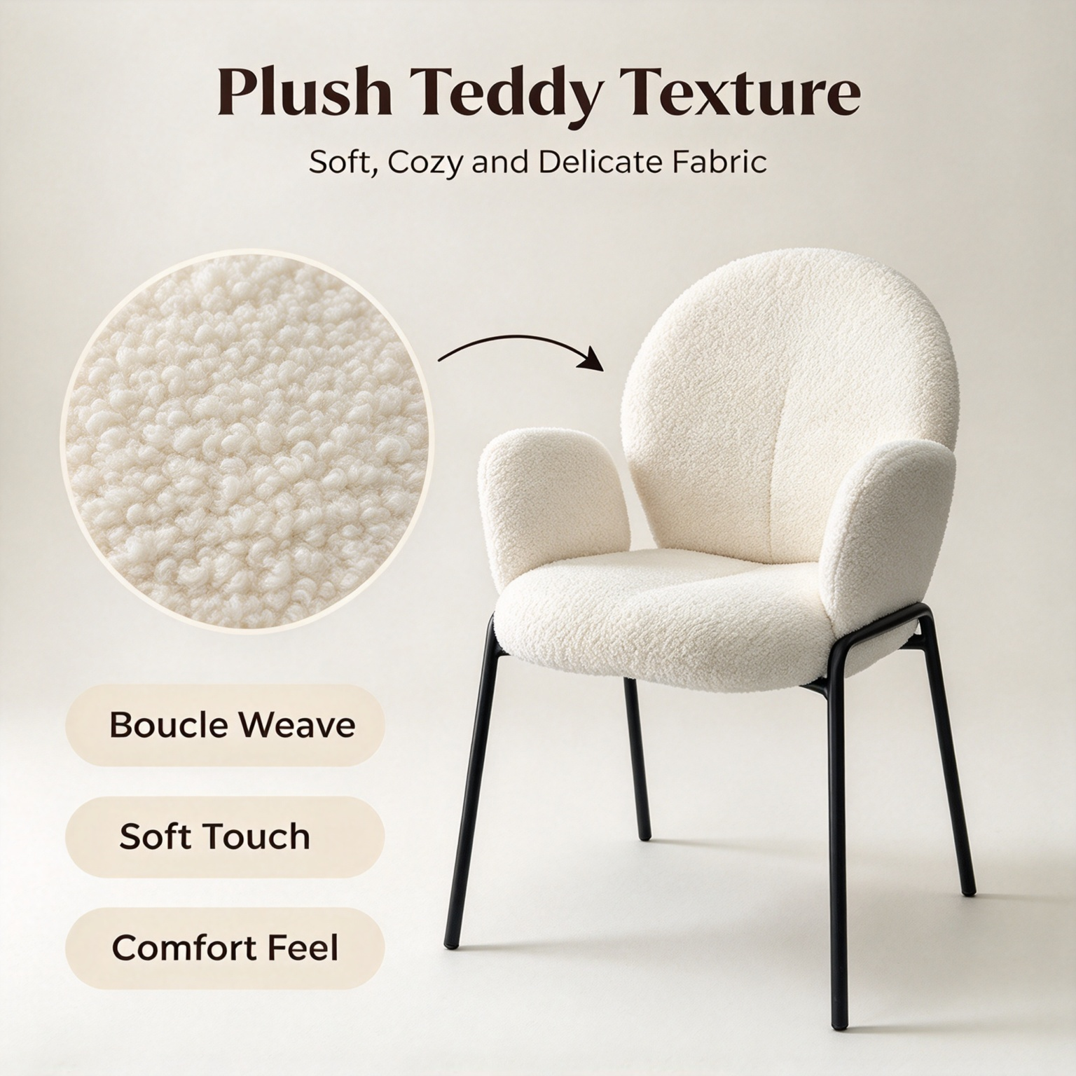 Modern Minimalist Boucle Accent Chair | Soft Cloud Armchair with Black Metal Legs for Living Room & Dining Room