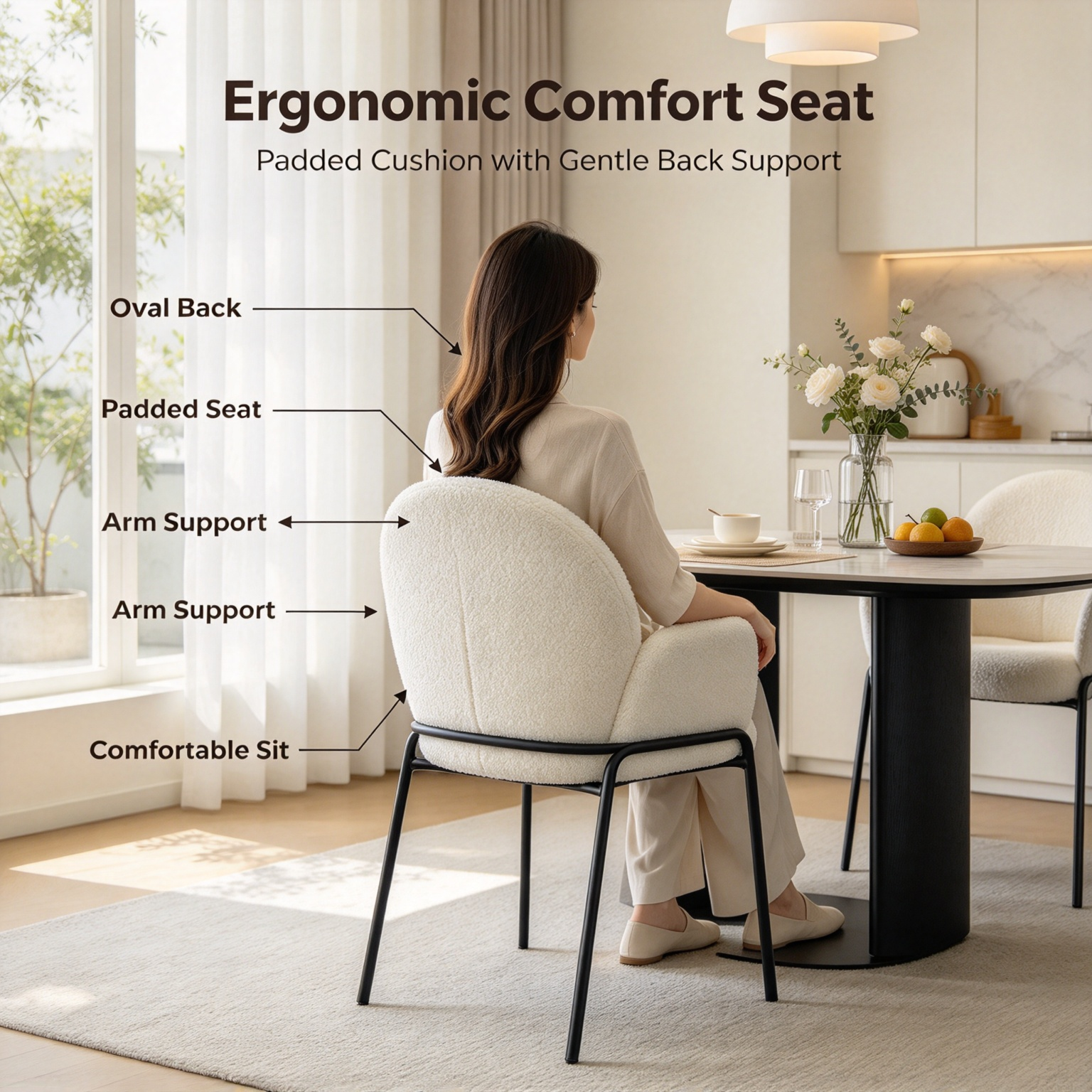 Modern Minimalist Boucle Accent Chair | Soft Cloud Armchair with Black Metal Legs for Living Room & Dining Room