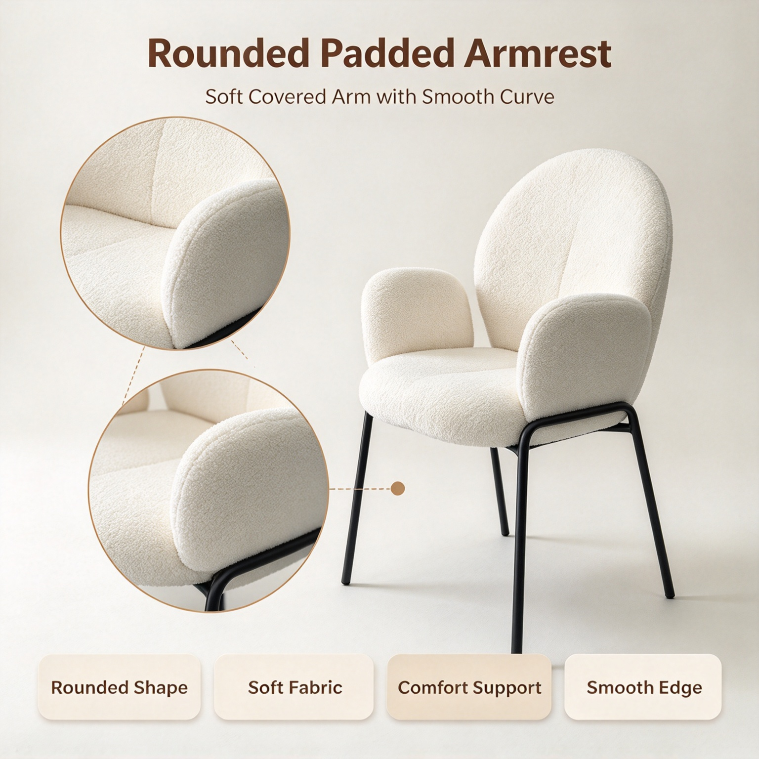 Modern Minimalist Boucle Accent Chair | Soft Cloud Armchair with Black Metal Legs for Living Room & Dining Room