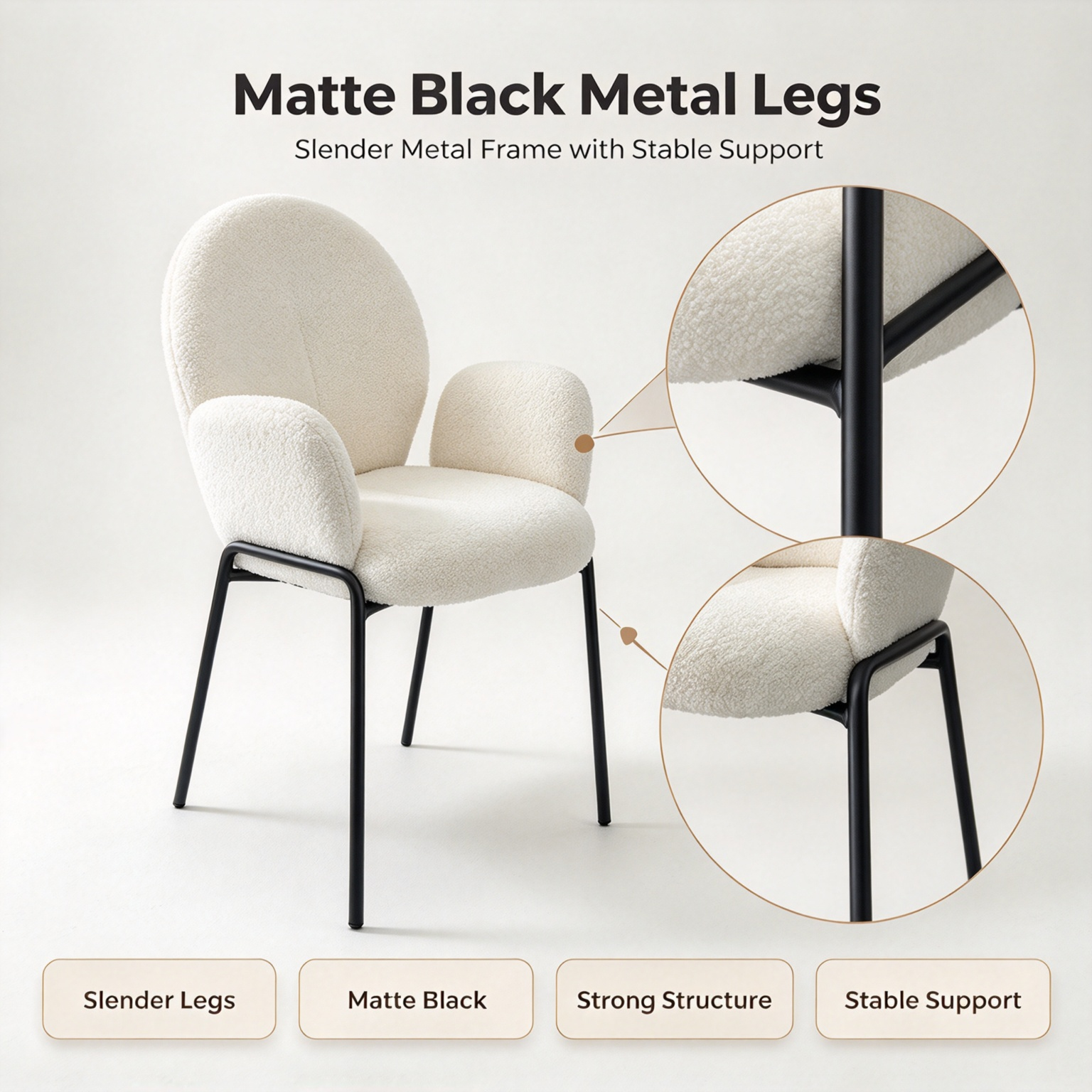 Modern Minimalist Boucle Accent Chair | Soft Cloud Armchair with Black Metal Legs for Living Room & Dining Room